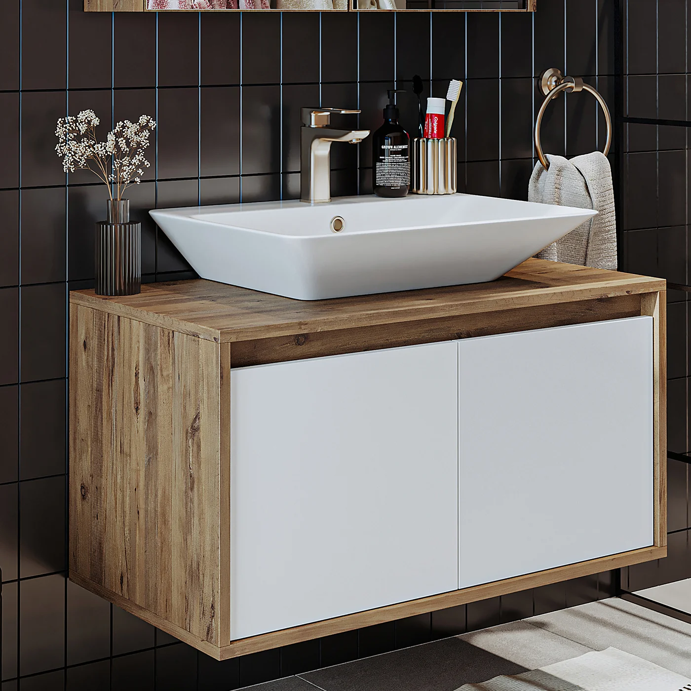 Roomart Ld7 Ayaksız 2 Kapaklı Lavabolu Ahşap-Mat Beyaz Mdf 85 cm Banyo Dolabı