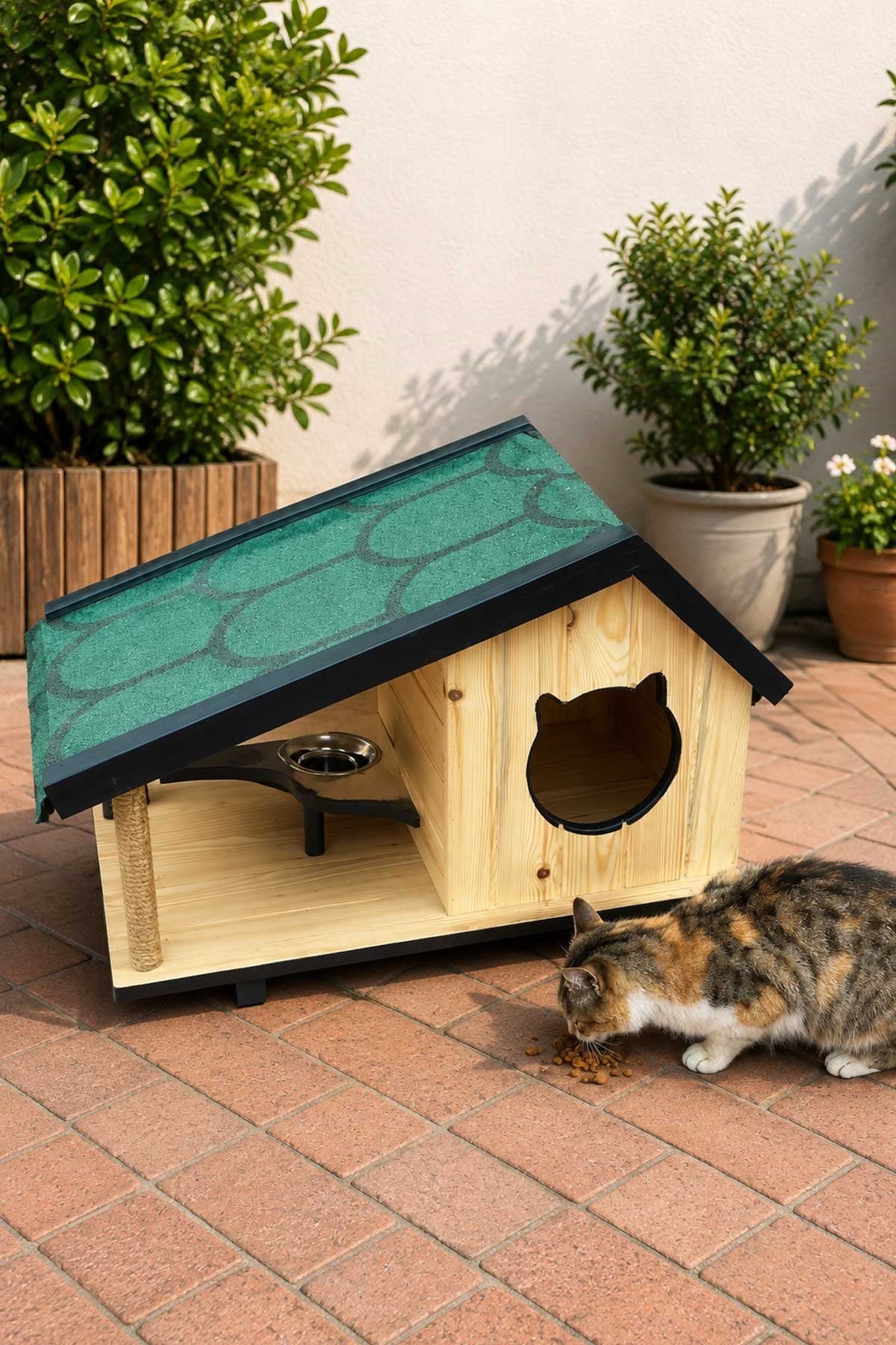 Narım Ahşap Mama Standlı Tırmalama Tahtalı Özel Tasarım Kedi Barınağı, Kedi Barınağı 74x45 cm