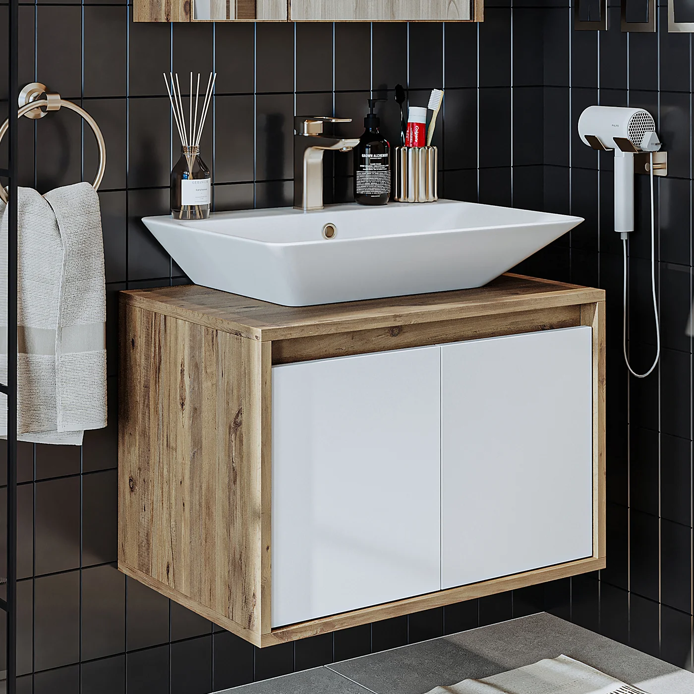 Roomart Ld7 Ayaksız 2 Kapaklı Lavabolu Ahşap-Mat Beyaz Mdf 65 cm Banyo Dolabı