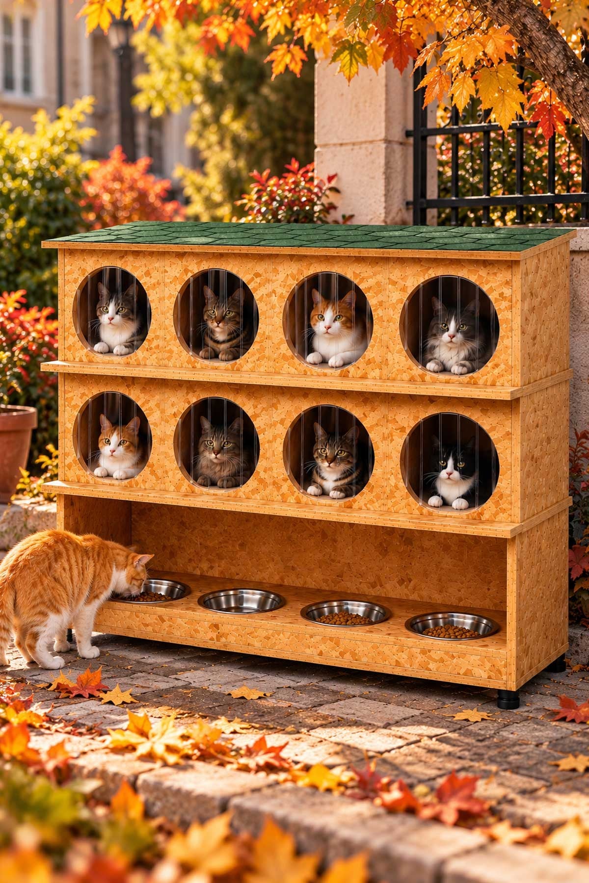 Narım 8 Bölmeli Sokak Kedileri İçin Kedi Evi, 4'lü Kedi Mama ve Su Kabı Standı, OSB Ahşap Yağmur Geçirmez Membran Kaplı Kedi Barınağı (Monteli Teslimat)