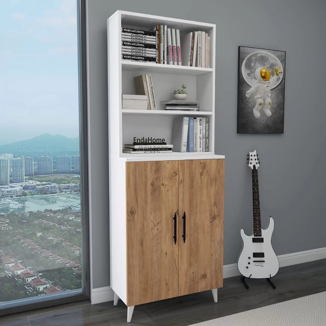 Enda Home Oras 6 Raflı 2 Kapaklı Klasik Kitaplık Atlantik Çam - Beyaz