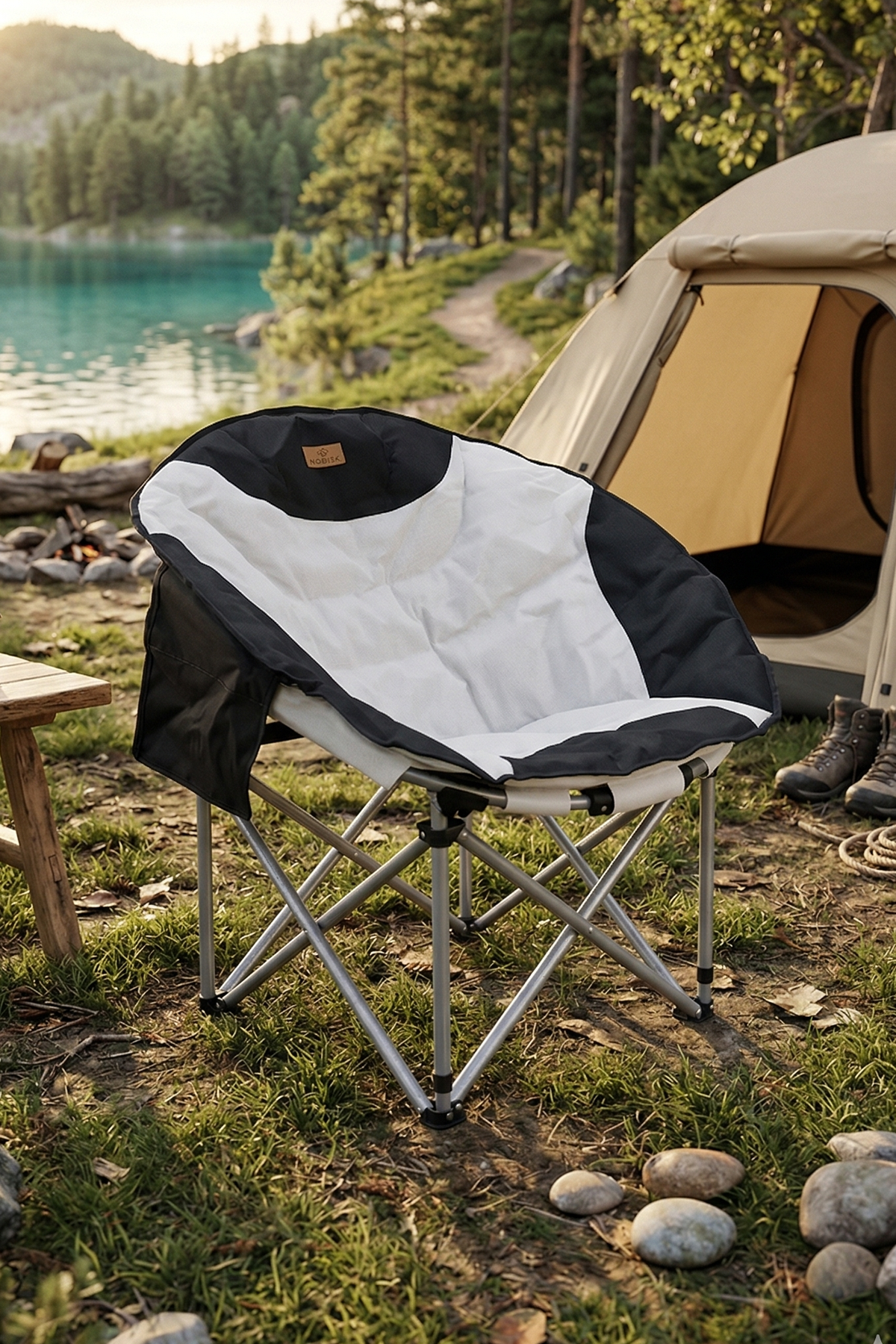 Madfox Katlanır Kamp Piknik Sandalyesi - Moonchair Deluxe - Siyah/Gri Taşıma Çantalı