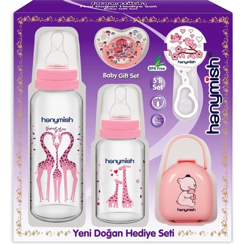 Hanymish 5'li Cam Biberon Ve Emzik Seti - Yeni Doğan Hediye Seti Pembe