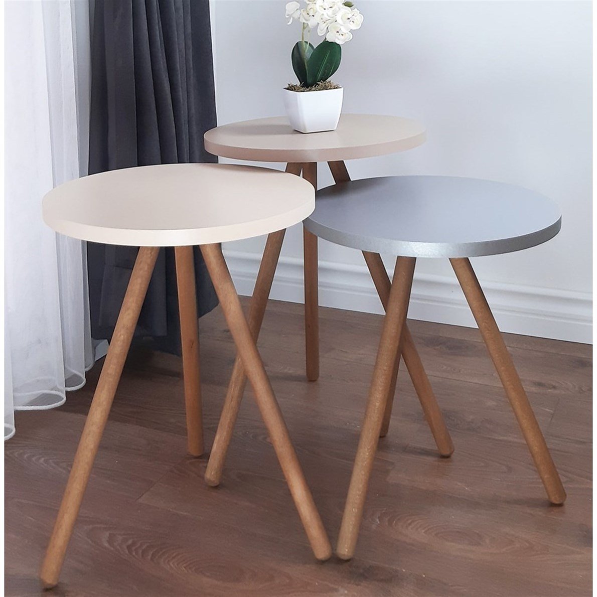 interGO Renkli Üçlü Zigon Sehpa Ahşap Ayaklı Özel Yuvarlak Pastel Tasarım Gri,Krem,Cappuccino