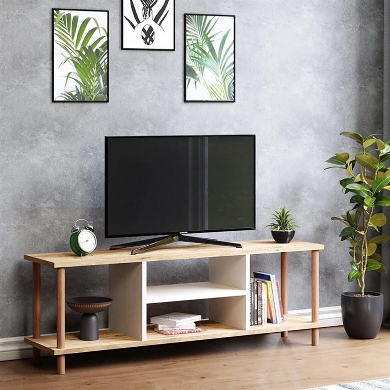 interGO Tv Sehpası Raflı Tv Ünitesi Televizyon Sehpası Ahşap Ayaklı TVSHP Çam-Beyaz