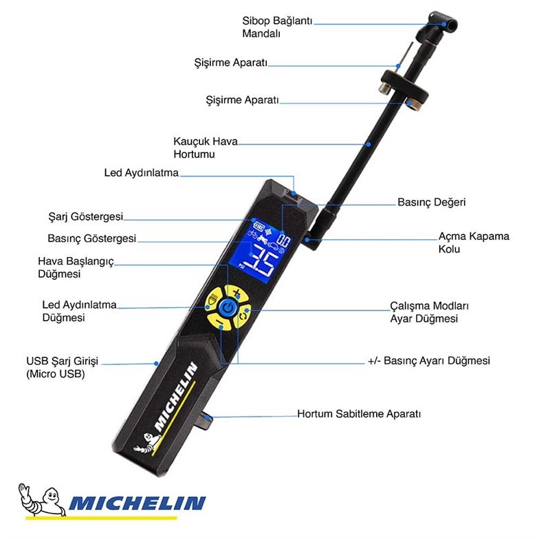 Michelin MC33382 Şarjlı Li-ion 150 PSI Taşınabilir Dijital Basınç  Göstergeli Led Aydınlatmalı Lastik Şişirme Pompası - Ereyon
