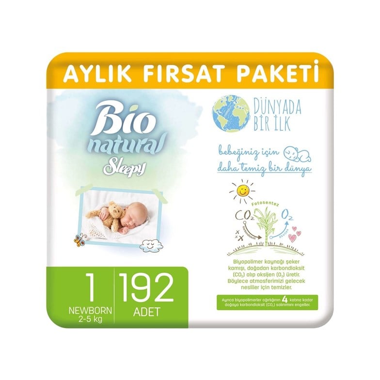 Sleepy Bio Natural Aylık Fırsat Paketi Bebek Bezi 1 Numara Yenidoğan 192'li