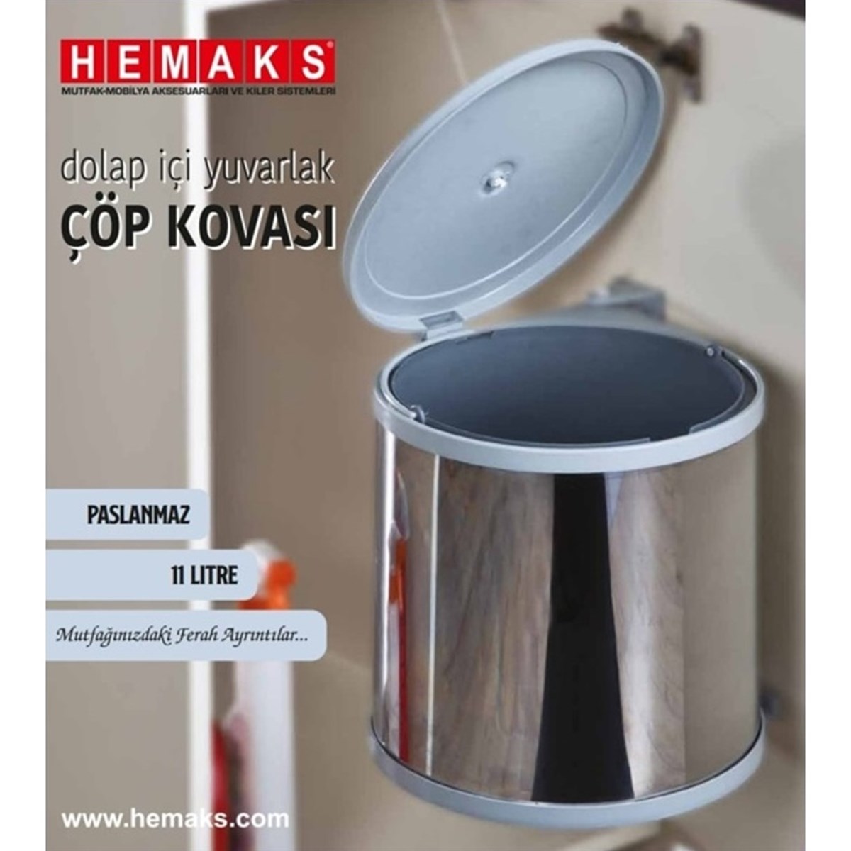 Hemax HM2662 Kapağa Monte Yuvarlak Çöp Kovası 275*300 Paslanmaz 11 Lt.