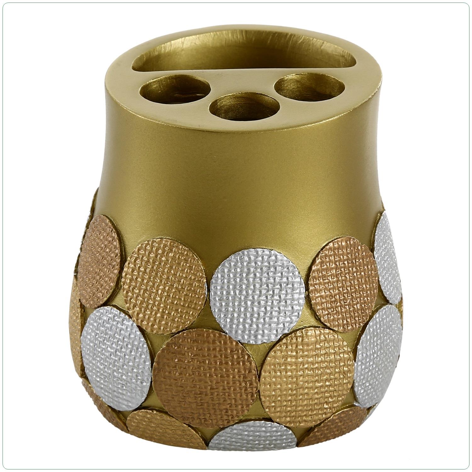 2 Adet Diş Fırçalık Altın Puanlı Poliresin 9X9X10Cm Banyo Seti  