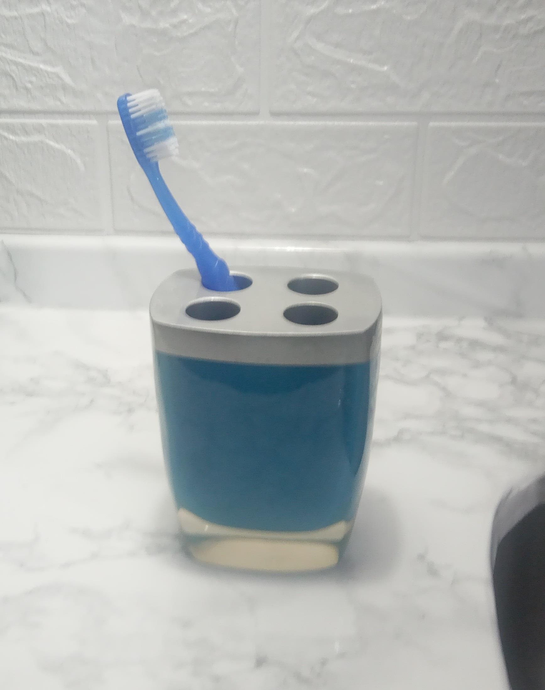 2 Adet Diş Fırçalık Gri Mavi Poliresin 8X4X11Cm Banyo Seti  