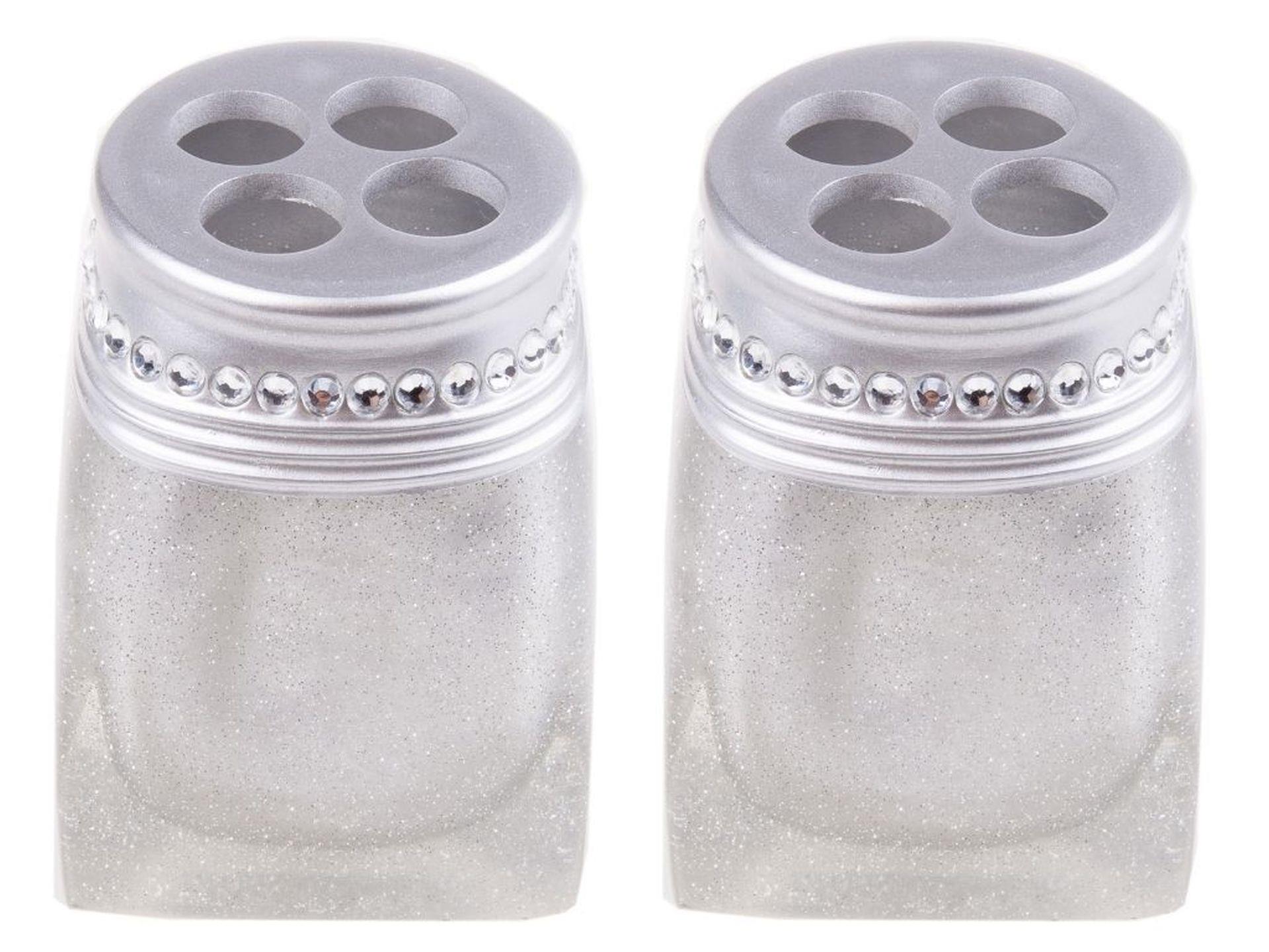 2 Adet Diş Fırçalık Kristal Taşlı Gümüş Poliresin 7X7X10Cm Banyo Seti  