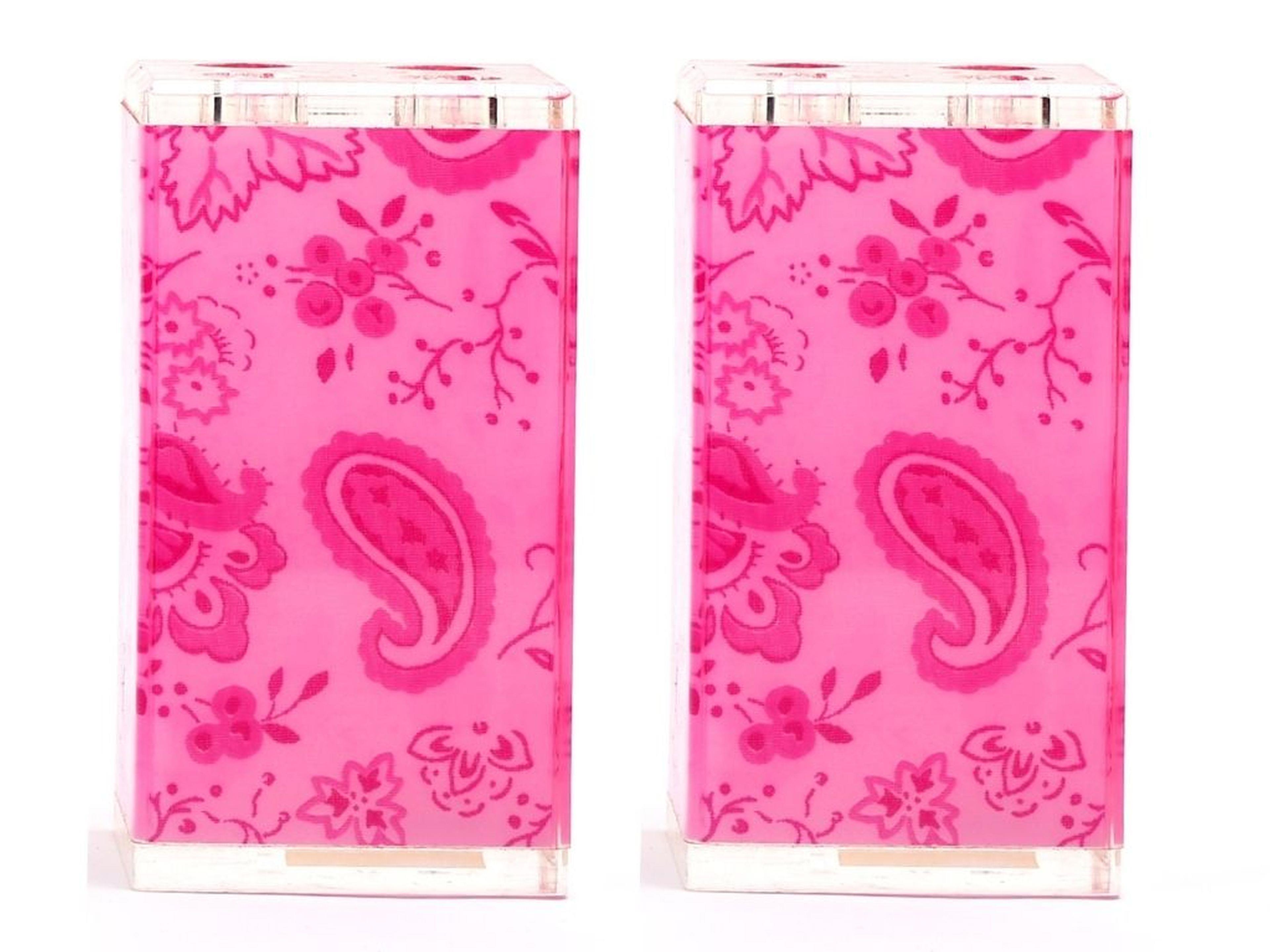 2 Adet Diş Fırçalık Pembe Çiçekli Akrilik 6X6X12Cm Banyo Seti  