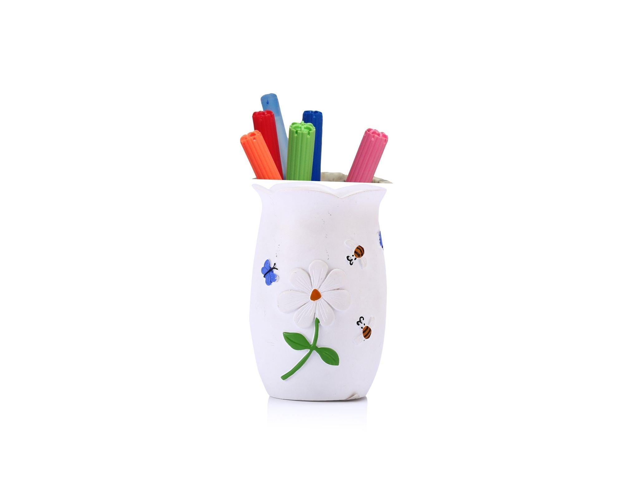 2 Adet Kalemlik Çiçekli Poliresin Model Ofis Gereci 7X7X10Cm