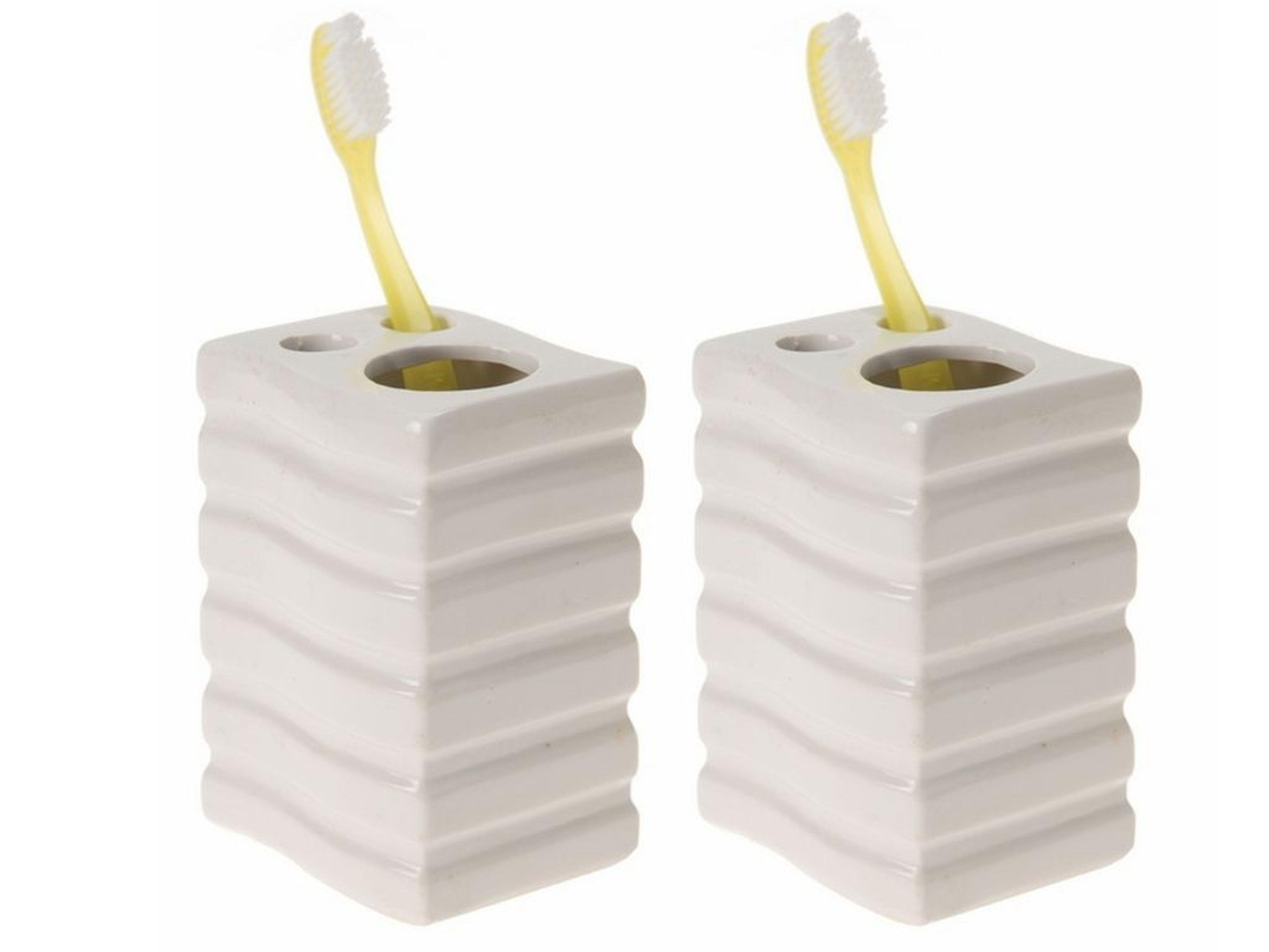 2 Adet Seramik Diş Fırçalık Kare Çizgili Model 8X6X11Cm Banyo Seti  