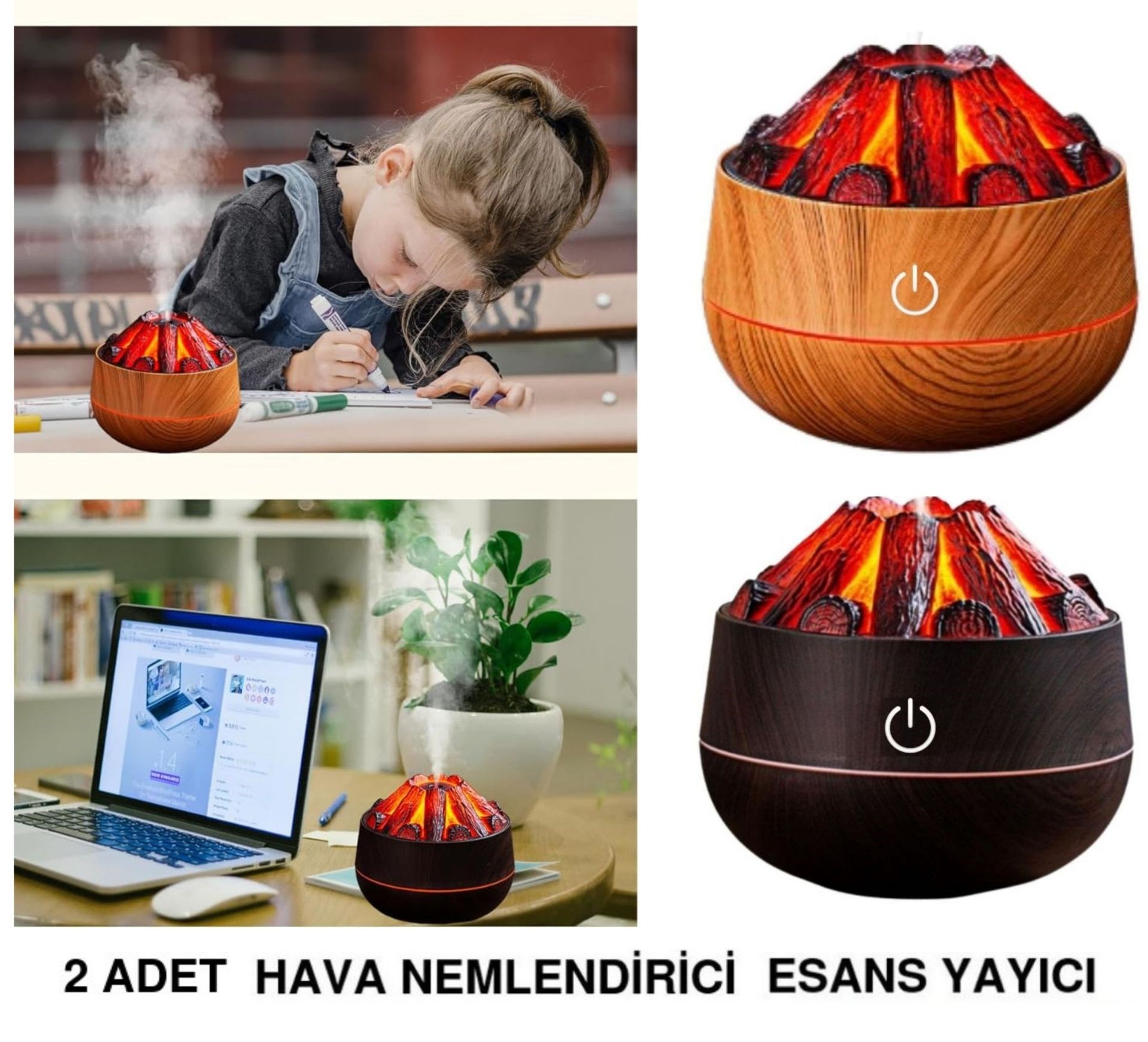 2 Adet  Şömine  Tasarımlı Usb Lı Led Aydınlatmalı Hava Nemlendirici,Aromaterapik Hava Difüzörü,Buhurdanlık,,Sis Spreyli Gece Lambası, 300 Ml 10X10X10,3Cm Kahverengi