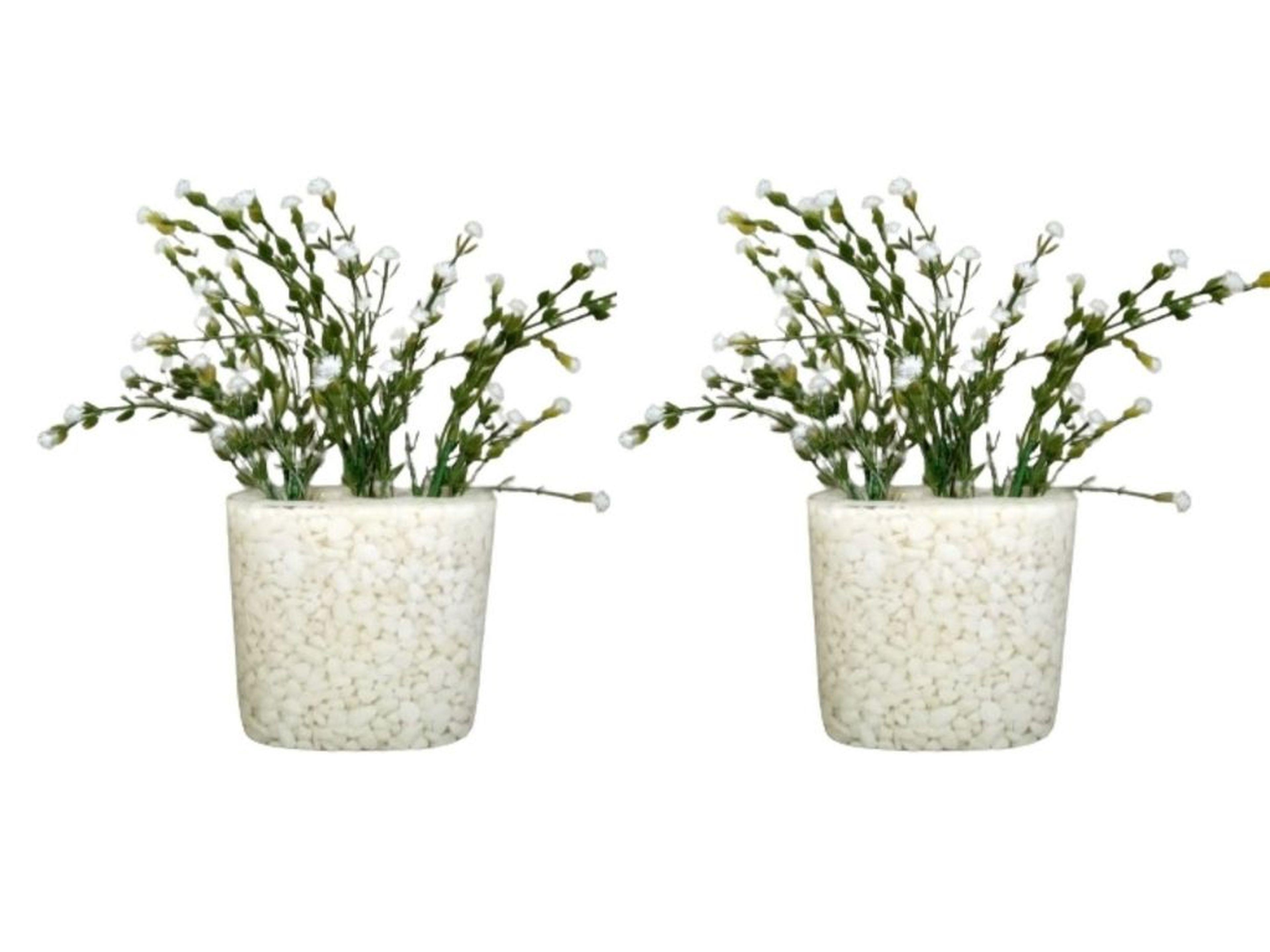 2 Adet Vazo Dahil,Vazoda Çiçek,Beyaz Yapay Çiçek,Vazo Dekoratif Deniz Taşı El Yapımı 10X5X14Cm 