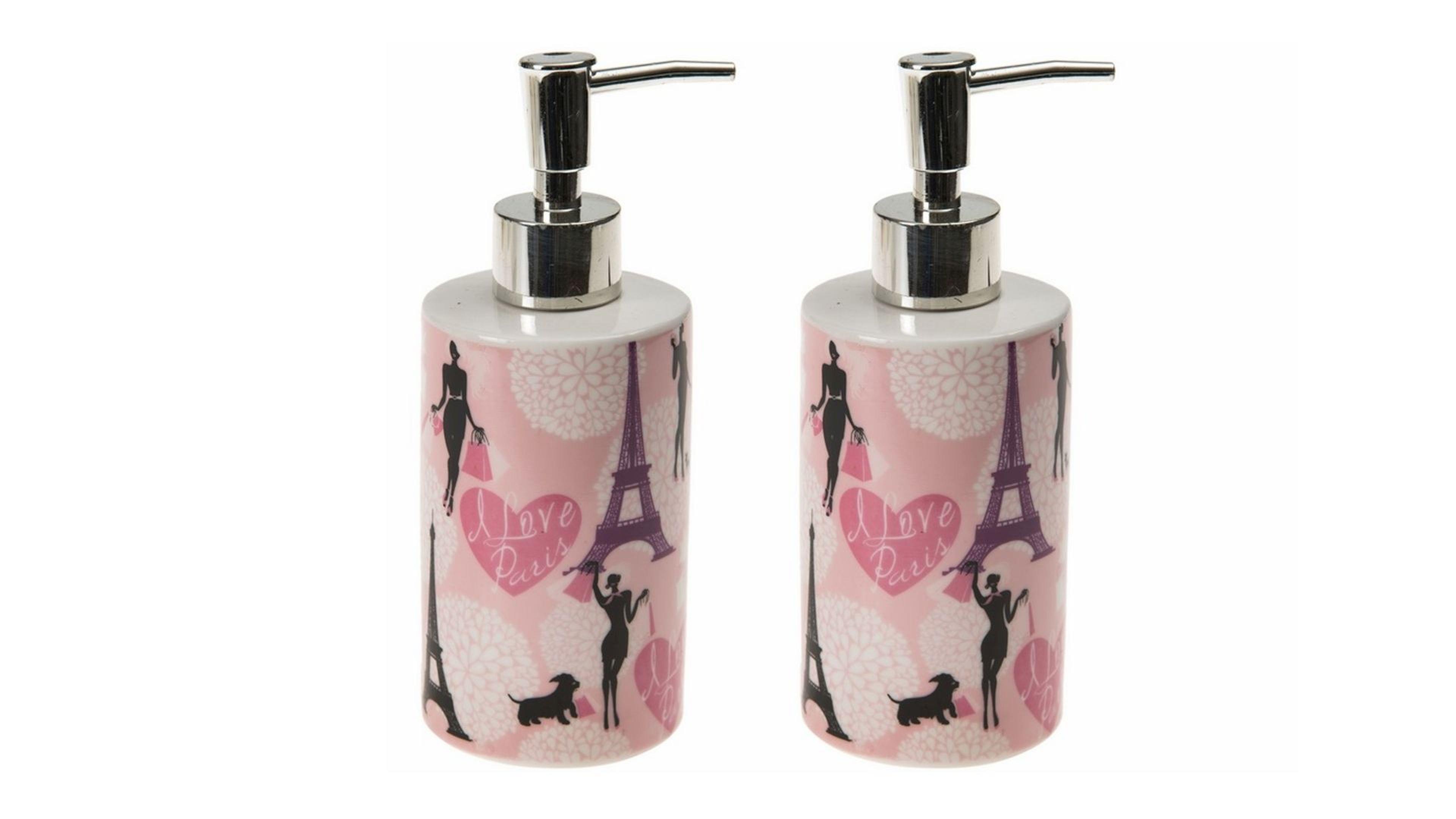 Banyo Seti Seramik Sıvı Sabunluk 2 Adet Kızlı Paris Desenli 7x7x18cm 320ml