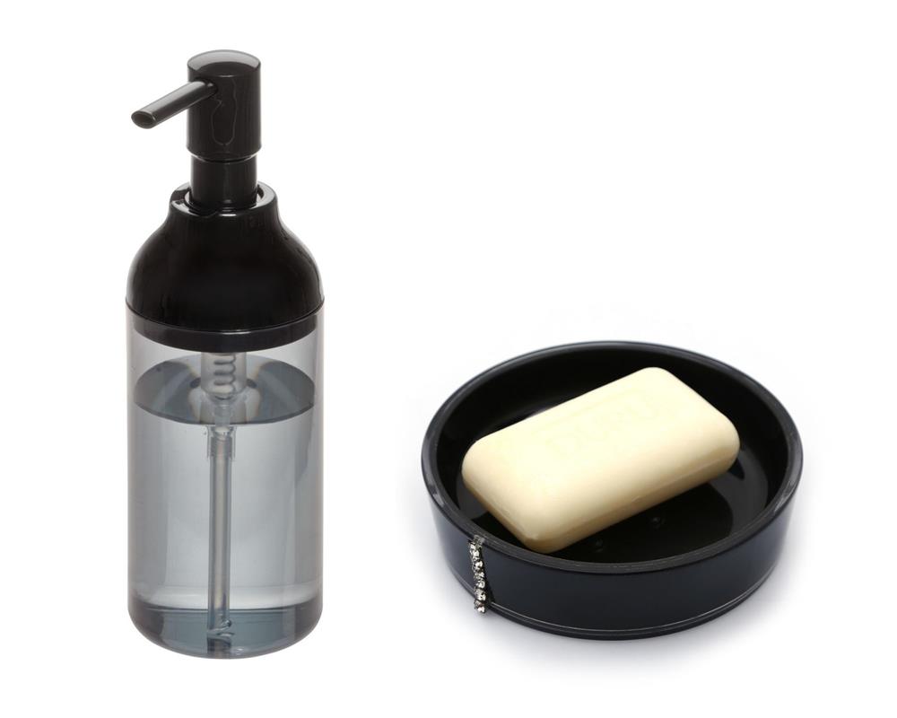 Füme Siyah Akrilik Sıvı Sabunluk Ve Siyah Taşlı Sabunluk 2 Li Banyo Seti