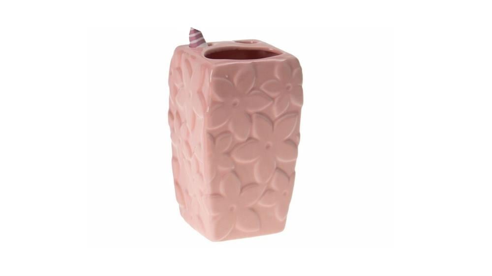 Kalemlik Çiçekli Pembe Model Seramik Ofis Gereci  7x7x12cm 