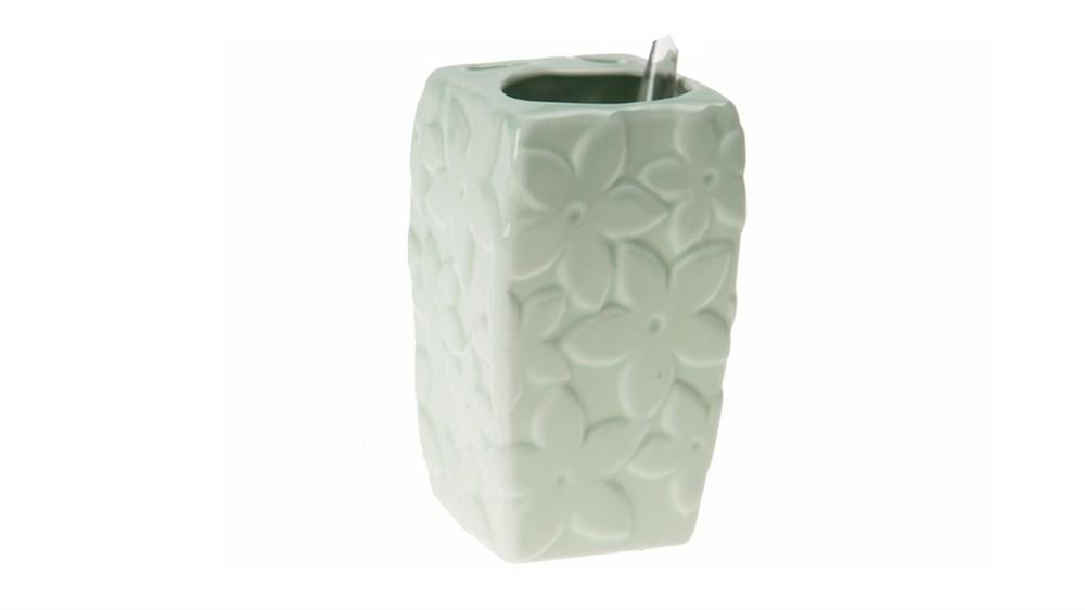 Kalemlik Çiçekli Su Yeşili Seramik Ofis Gereci  7x7x12cm 