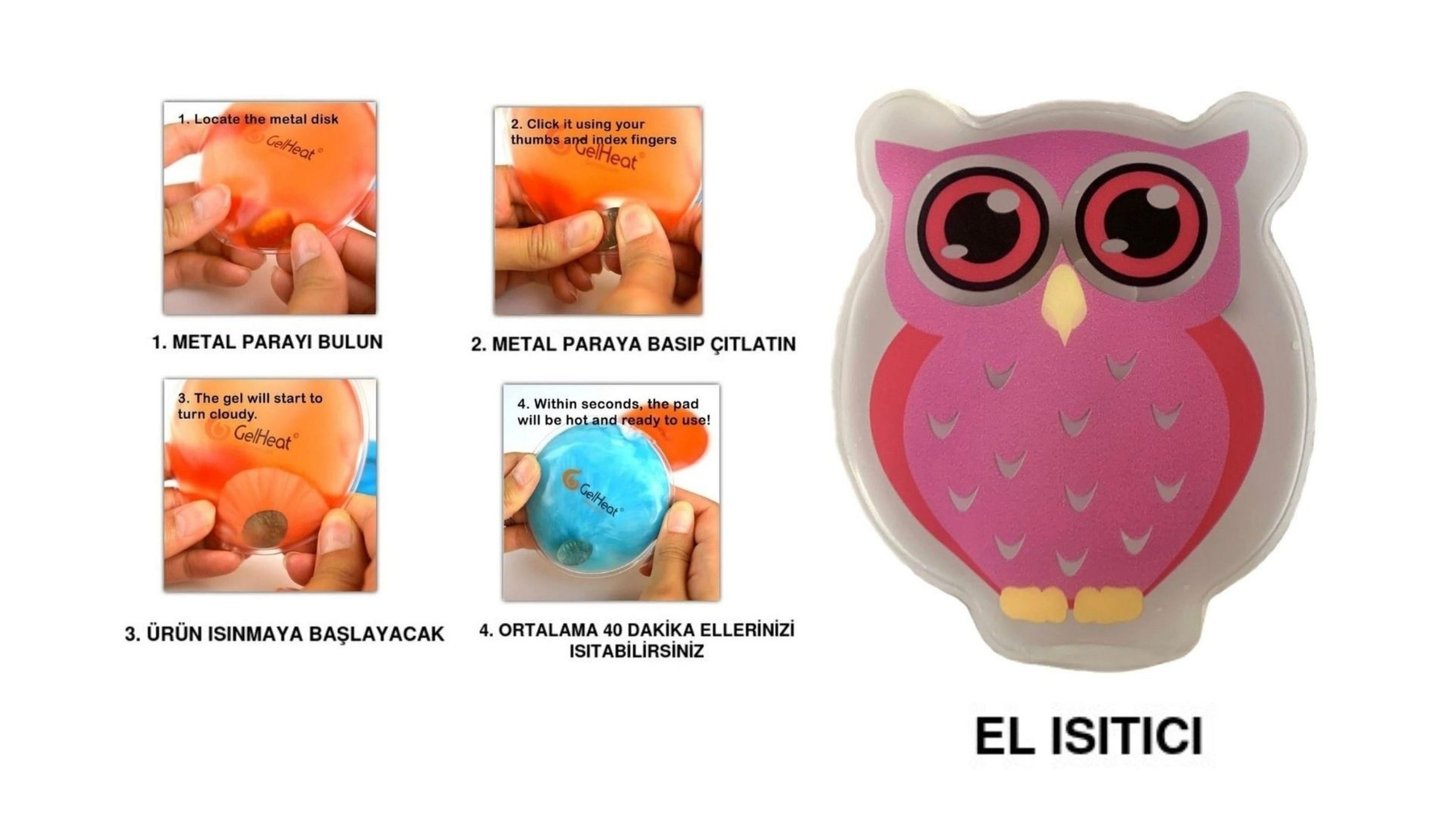 Pembe Baykuş Cep Sobası,El Isıtıcı,Sıcak Su Torbası Pvc 9cm
