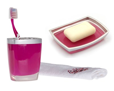 Sabunluk Diş Firçalik 2 Li Banyo Seti,Gri Pembe Poliresin