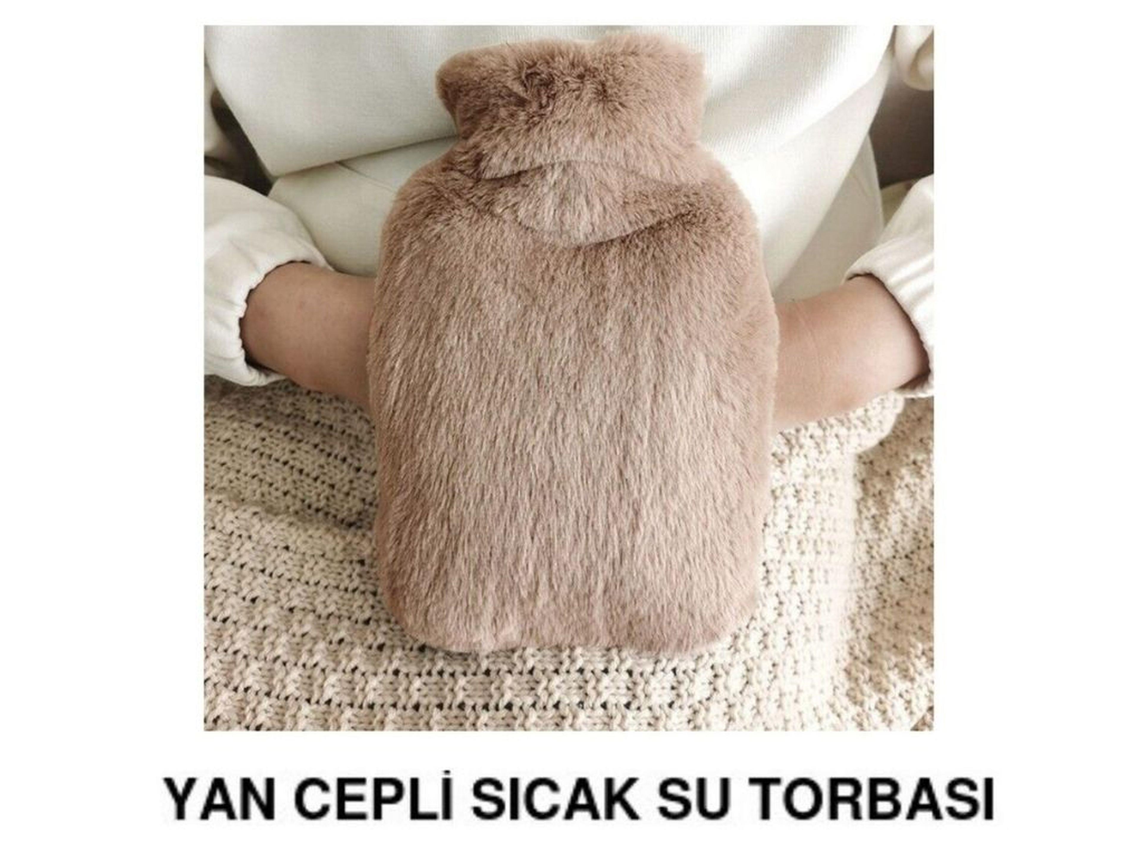 Sıcak Su Torbası Yan Cepli Bej  Peluş Termofor 27X17X2Cm  1 Litre