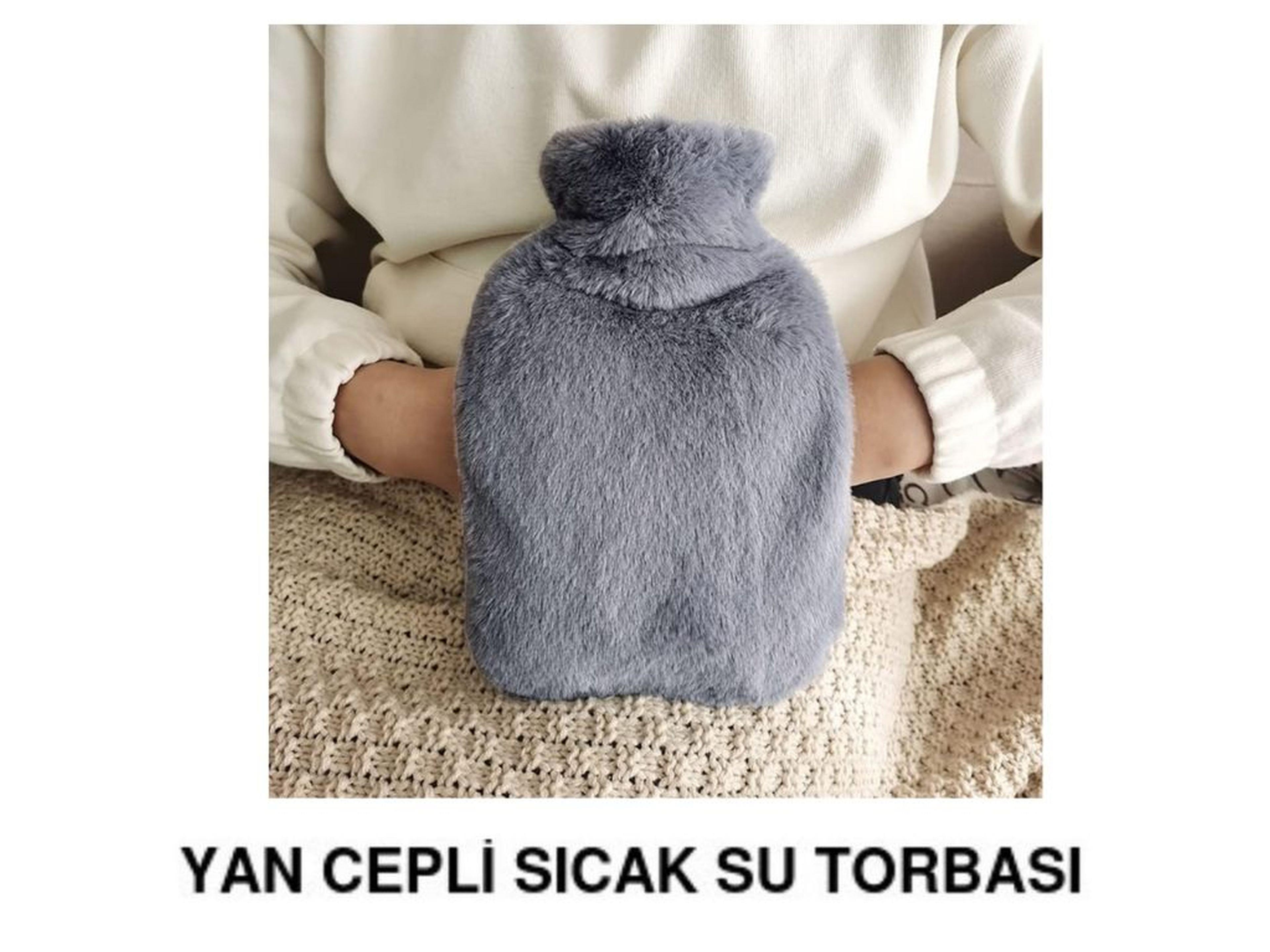 Sıcak Su Torbası Yan Cepli Gri  Peluş Termofor 27X17X2Cm  1 Litre