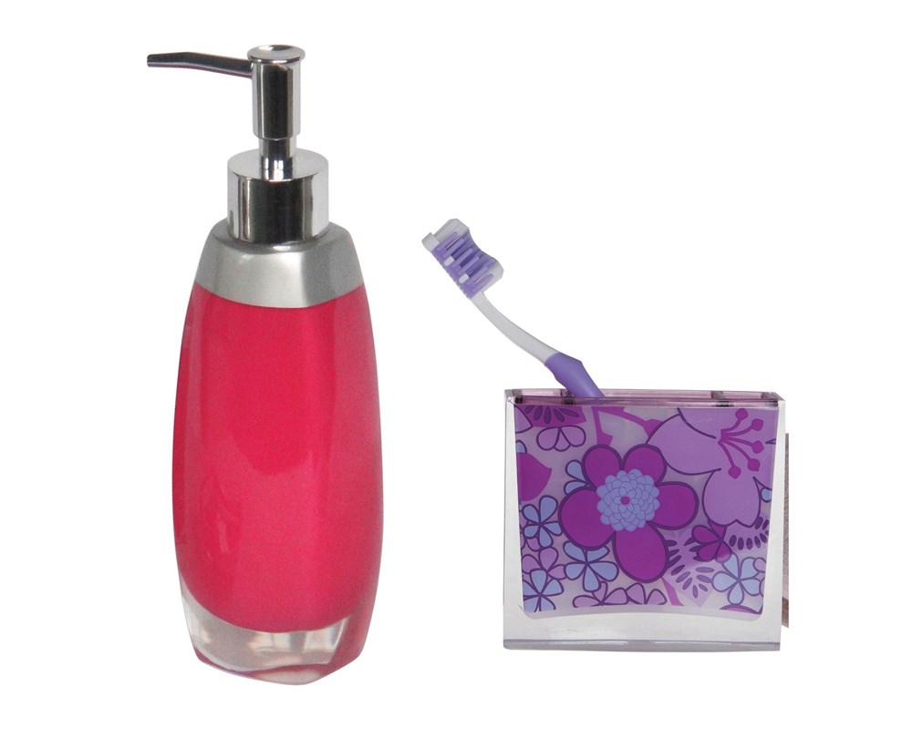 Sıvı Sabunluk Ve Diş Fırçalık 2 Li Banyo Seti,Gri Pembe Ve Çiçekli