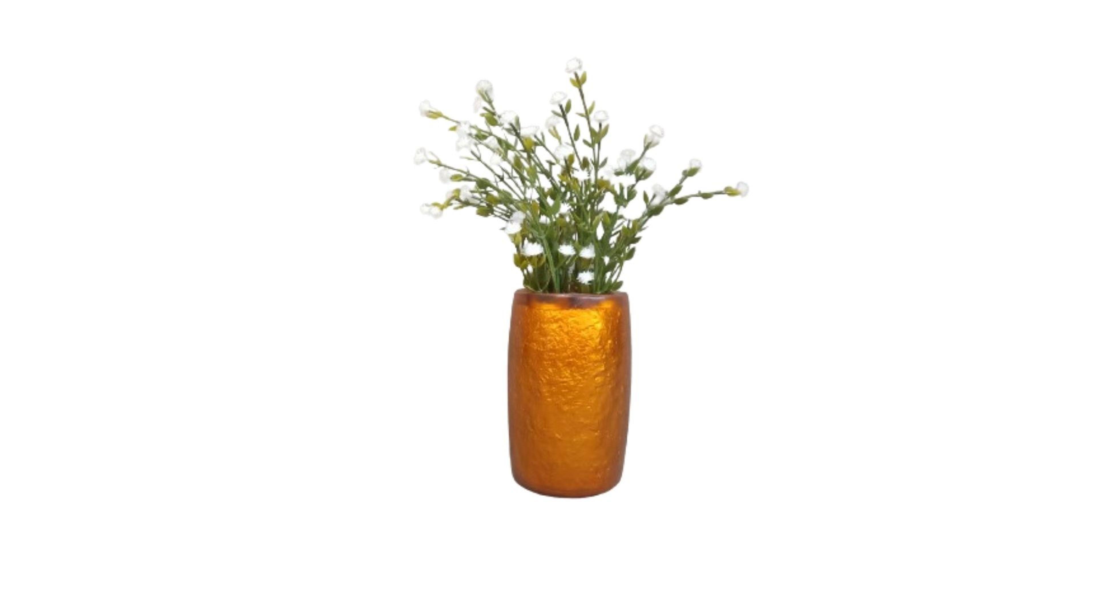 Vazoda Çiçek,Beyaz Yapay Çiçek,Vazo Dekoratif Altın Renkli Poliresin  5X5X12Cm