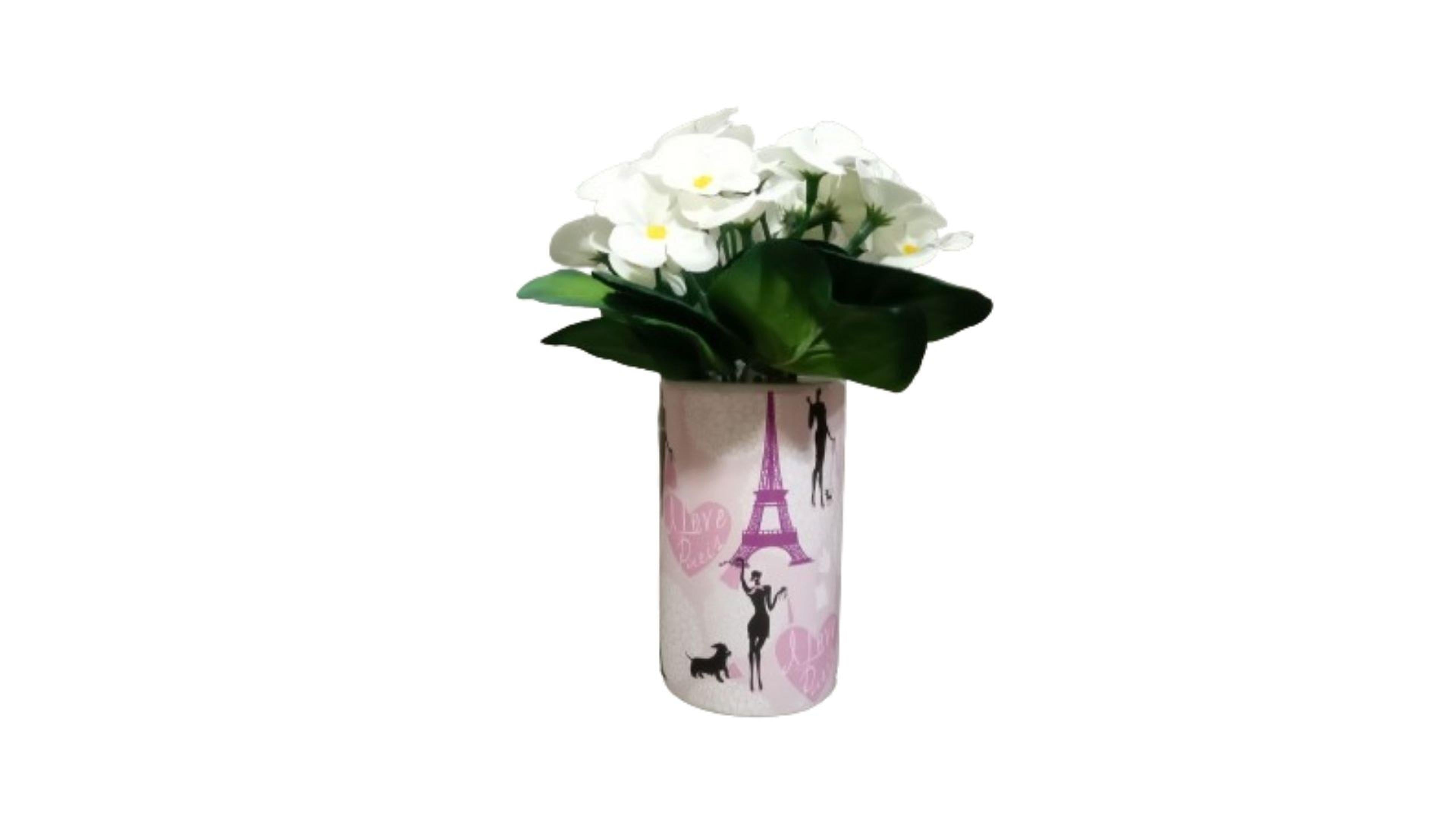Vazoda Çiçek,Beyaz Yapay Çiçek,Vazo Dekoratif  Kızlı Paris Desenli 7X7X16Cm