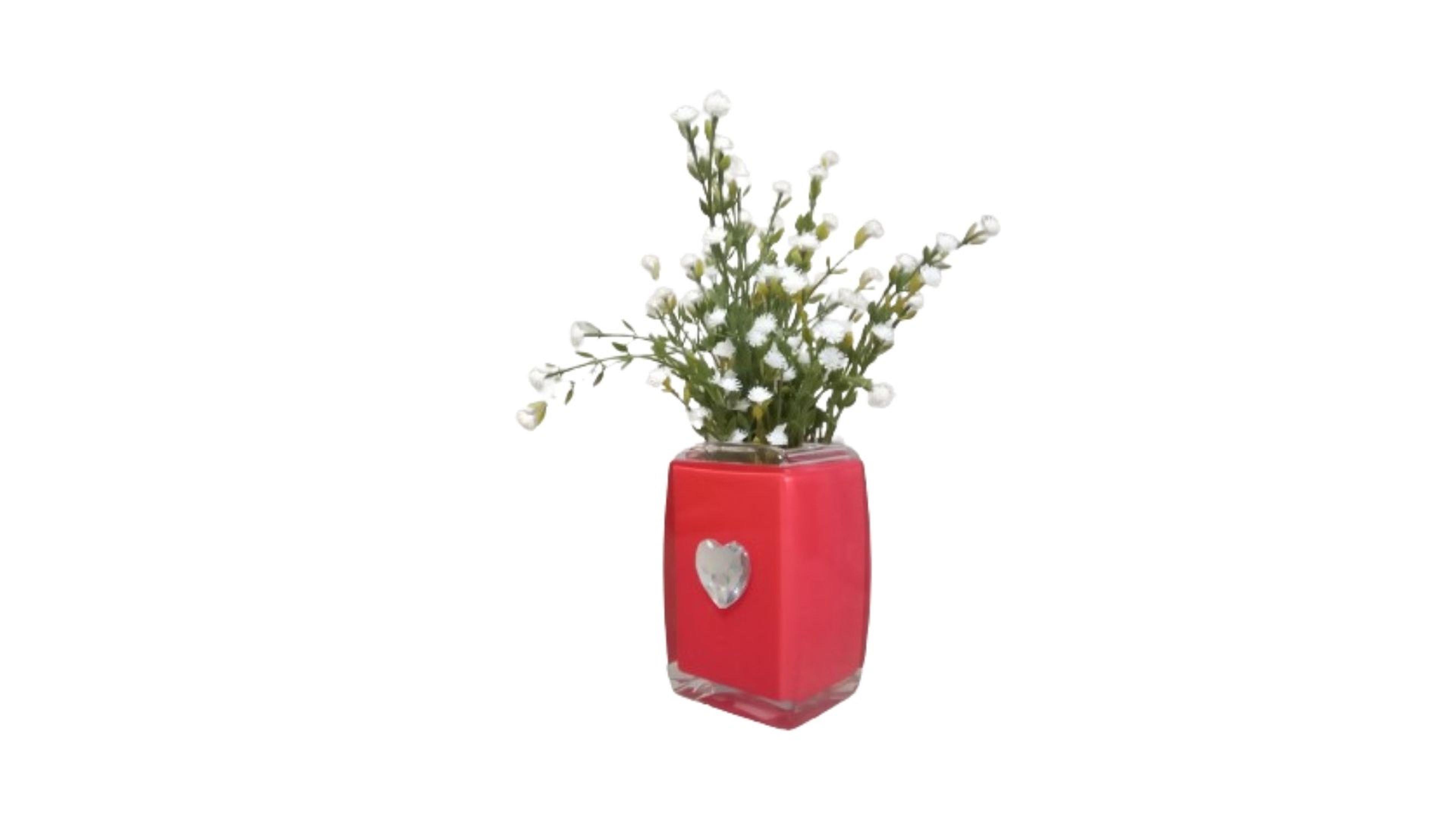 Vazoda Çiçek,Beyaz Yapay Çiçek,Vazo Dekoratif Kristal Taşlı Kırmızı Kalpli  6X6X16Cm 