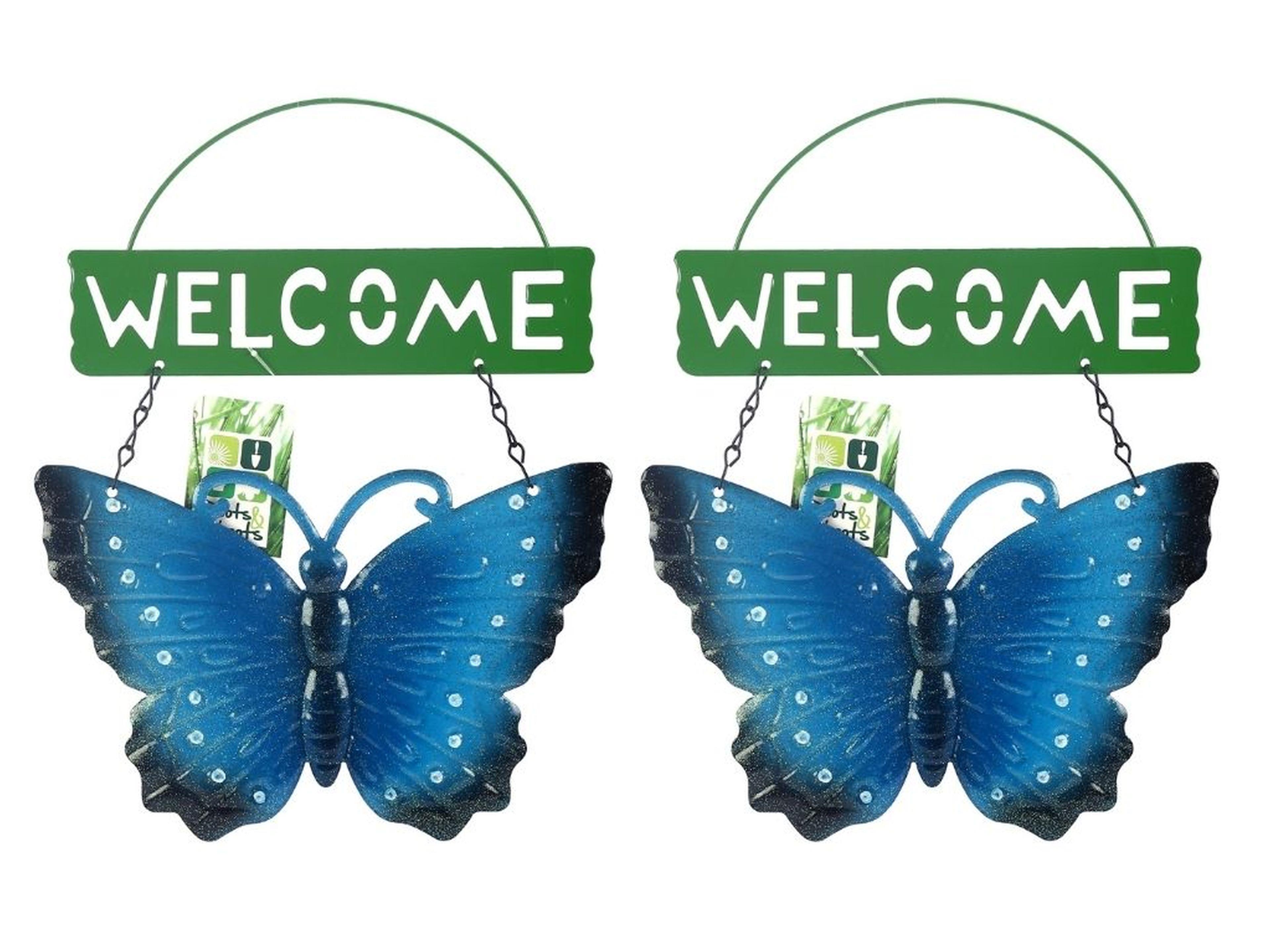 2 Adet Balkon Ve Bahçe Hoşgeldiniz Tabelası Mavi Kelebek 28X20X3Cm