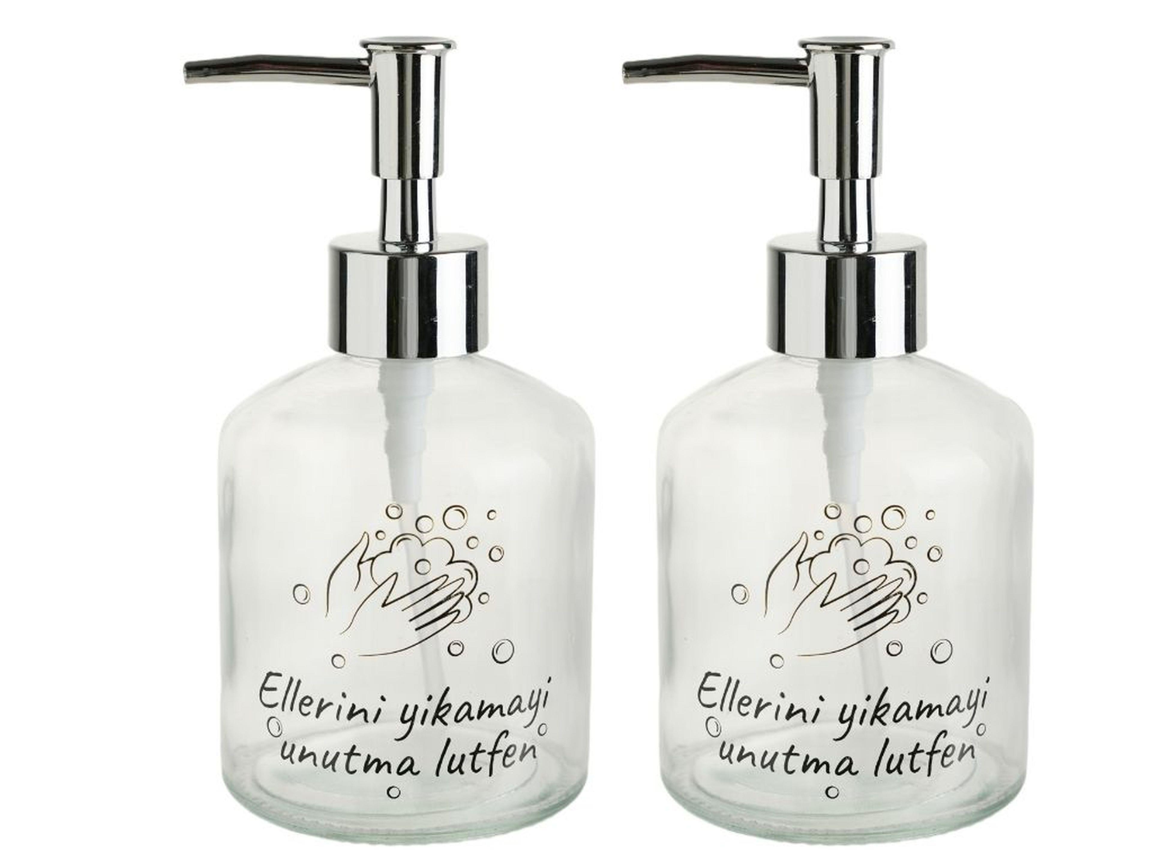 2 Adet Cam Sıvı Sabunluk,Lütfen Yazılı 300Ml Banyo Seti  7,6X15,5Cm