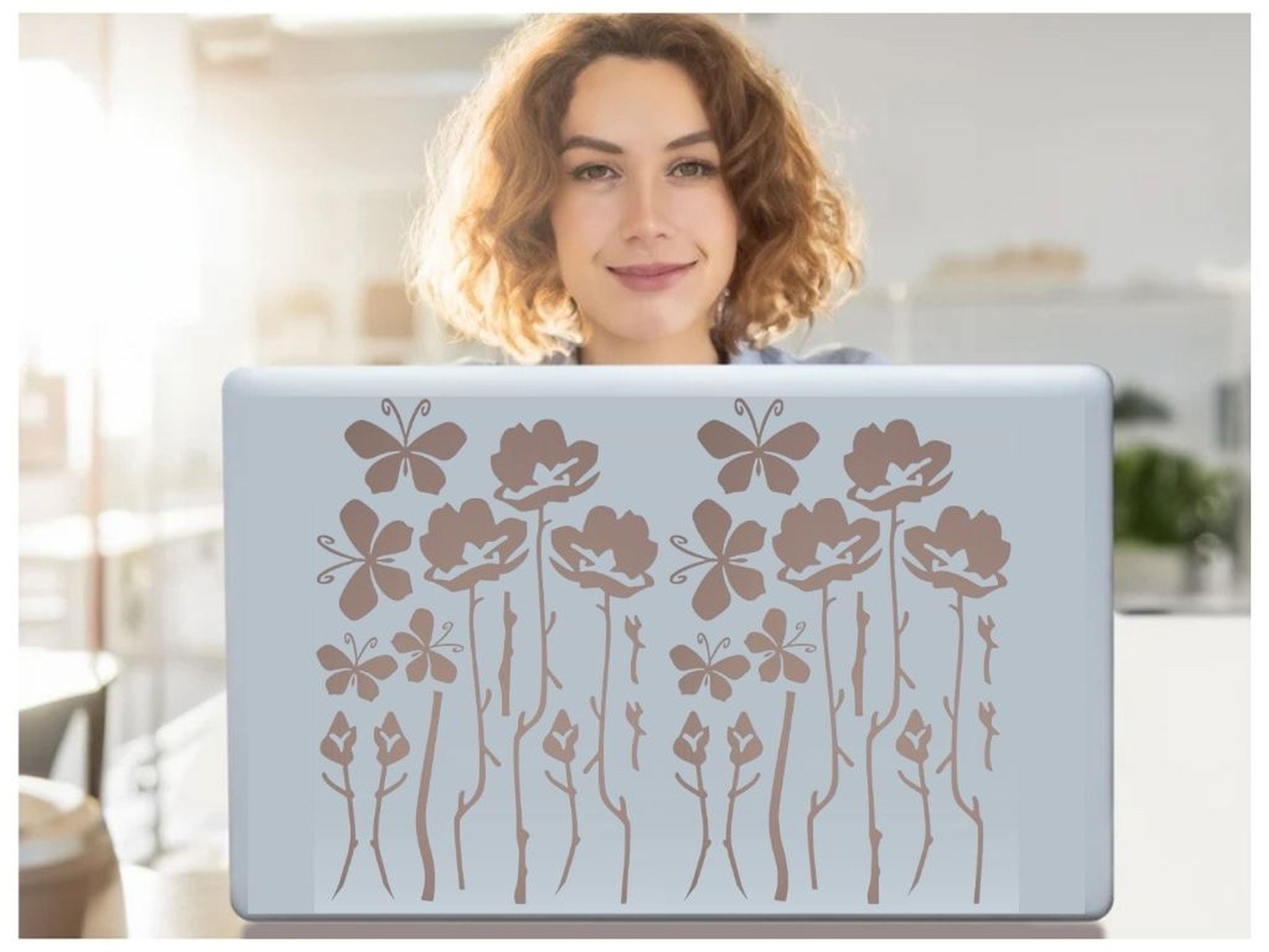 2 Adet Defter Sticker,Laptop Sticker Gri Çiçekli  Pvc 48X33X0,5Cm