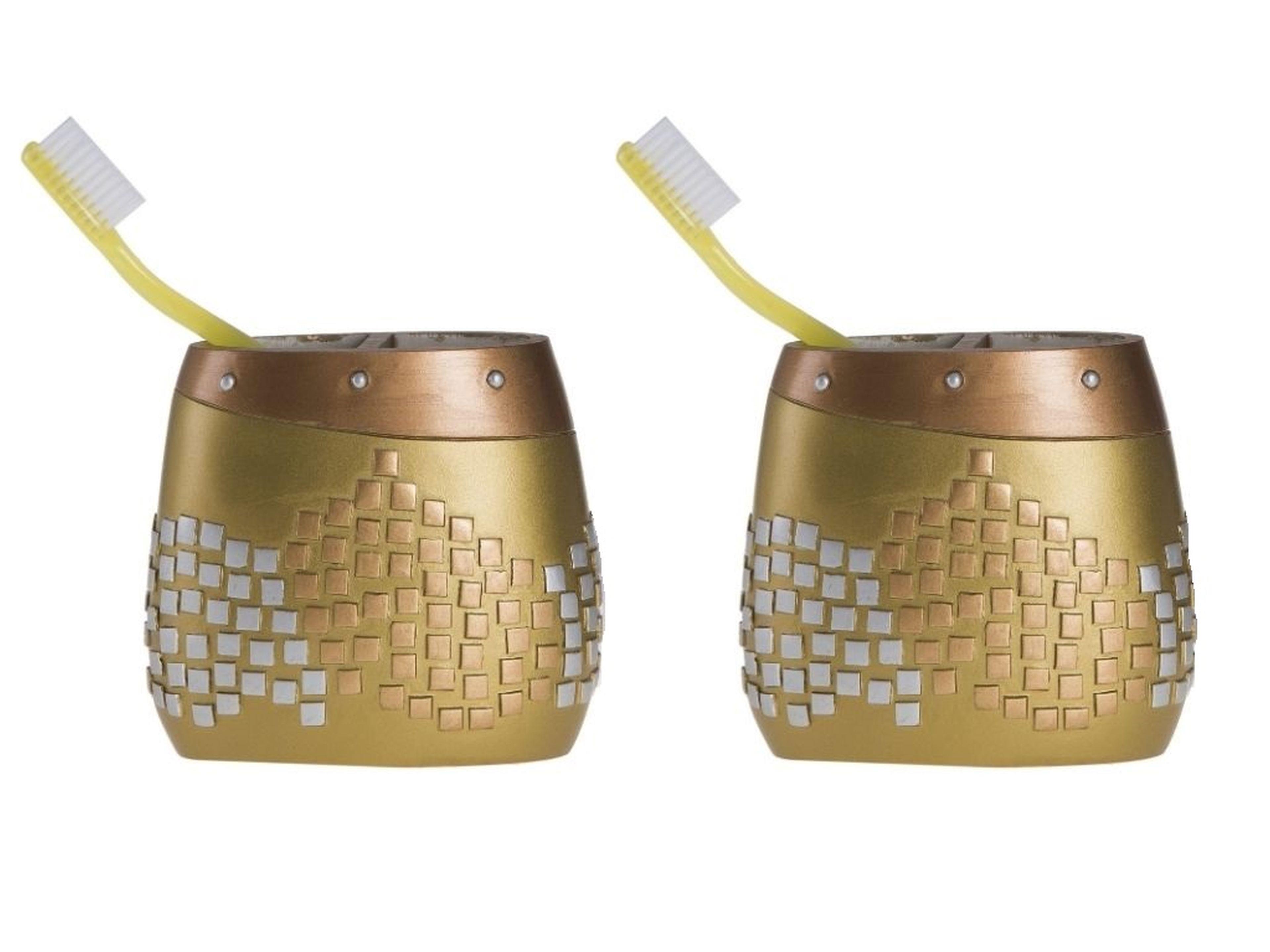 2 Adet Diş Fırçalık Altın Mozaik Poliresin 10X10X5Cm Banyo Seti  