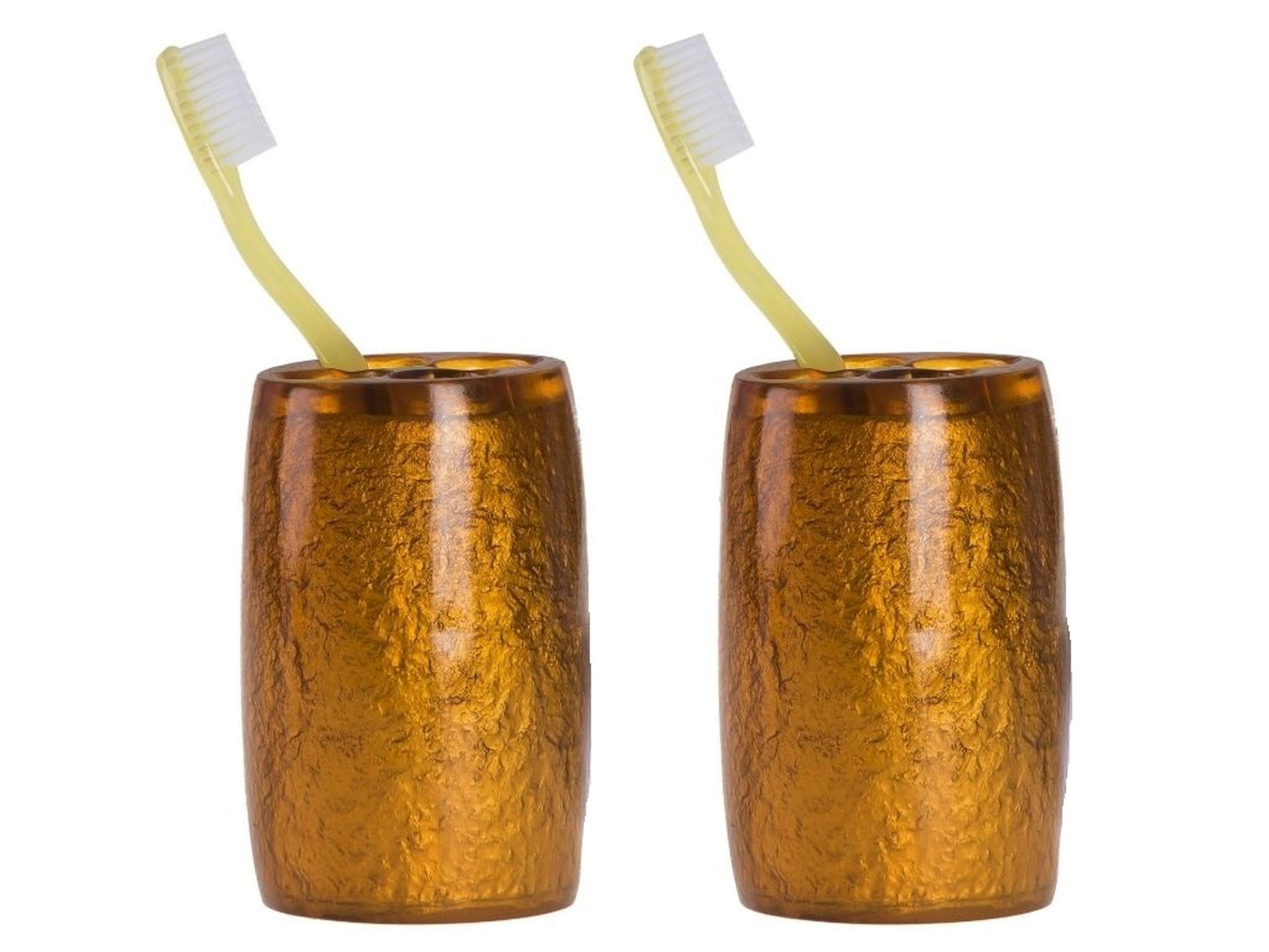 2 Adet Diş Fırçalık Altın Renkli Poliresin  5X5X7Cm Banyo Seti  