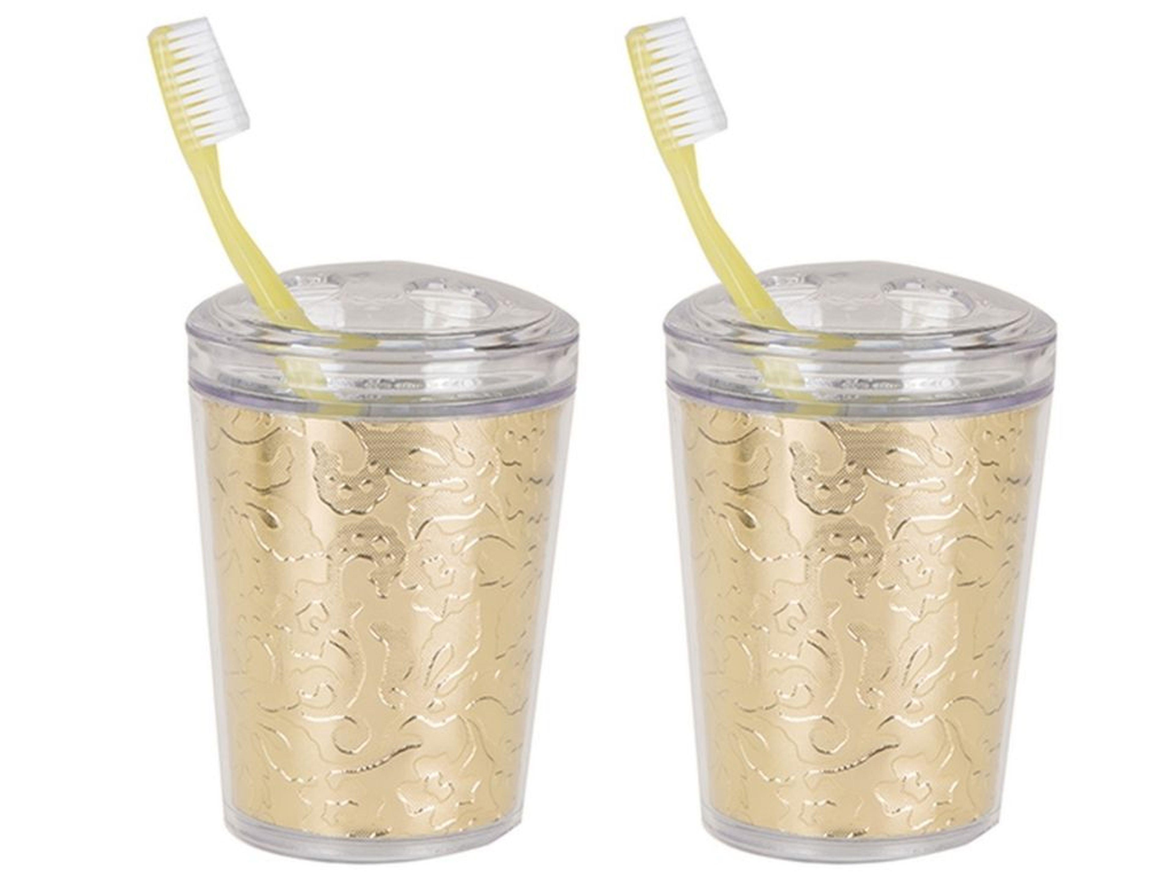 2 Adet Diş Fırçalık Altın Yaprak Akrilik  9X9X12Cm Banyo Seti  