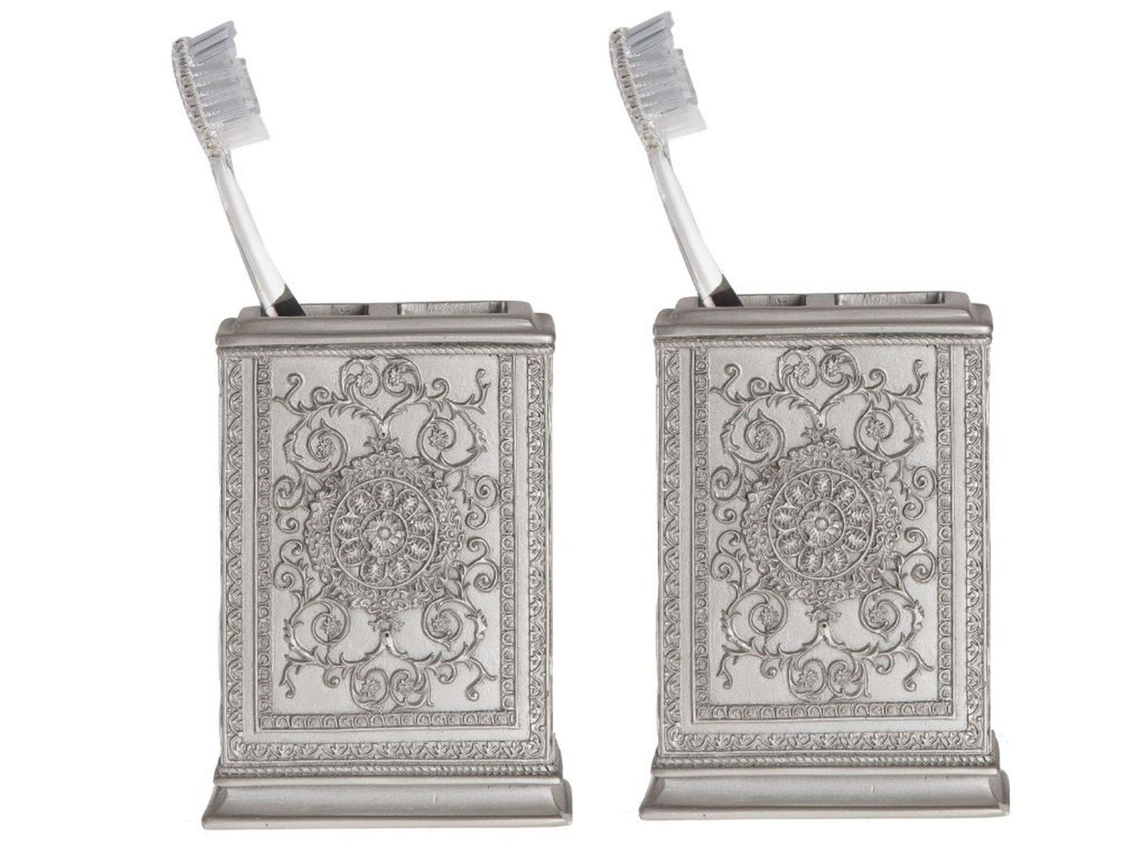 2 Adet Diş Fırçalık Dekoratif İşlemeli Gümüş Poliresin 8X6X11Cm