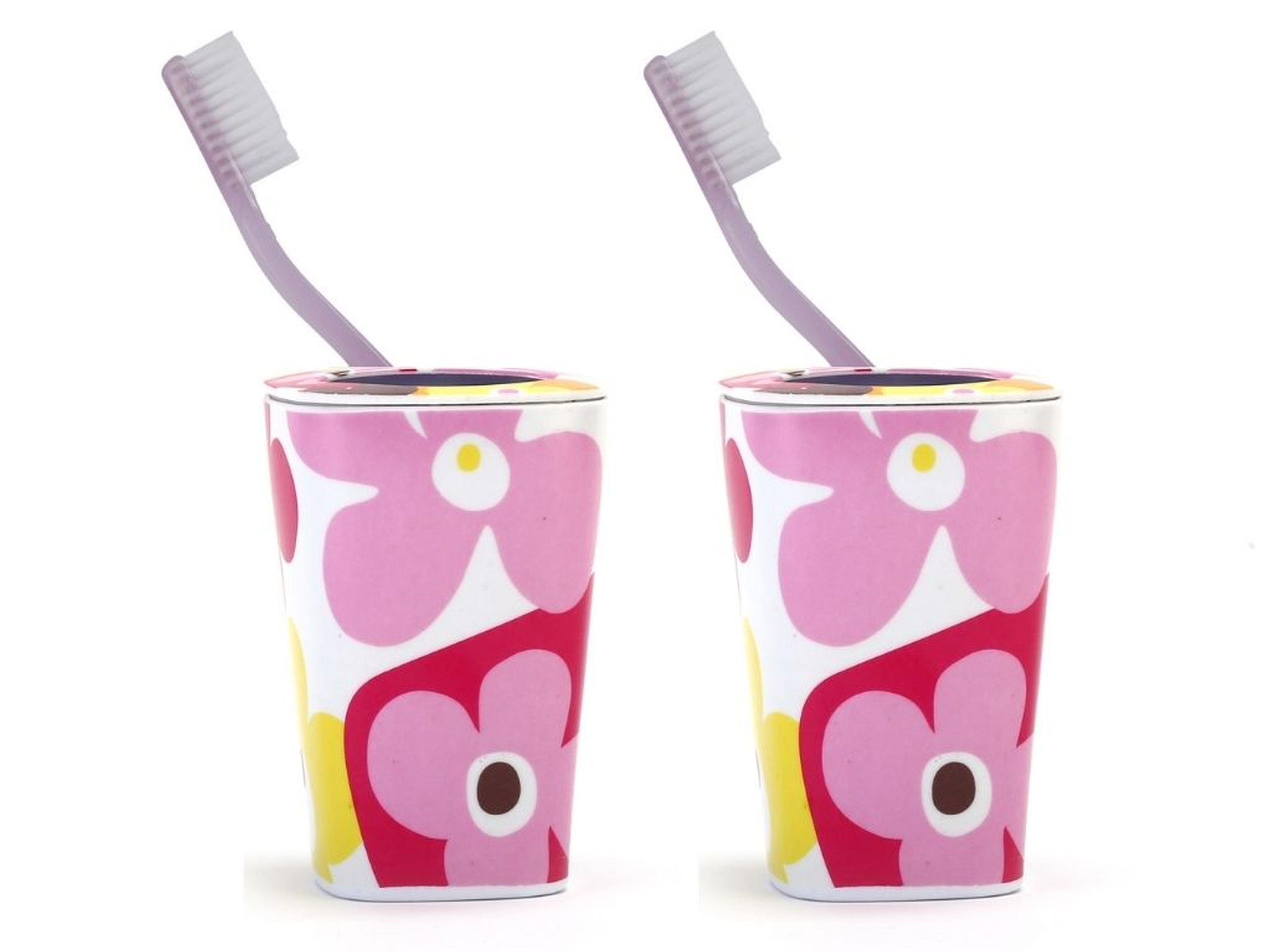 2 Adet Diş Fırçalık Kırmızı Papatya Melamin 7X7X11Cm Banyo Seti  