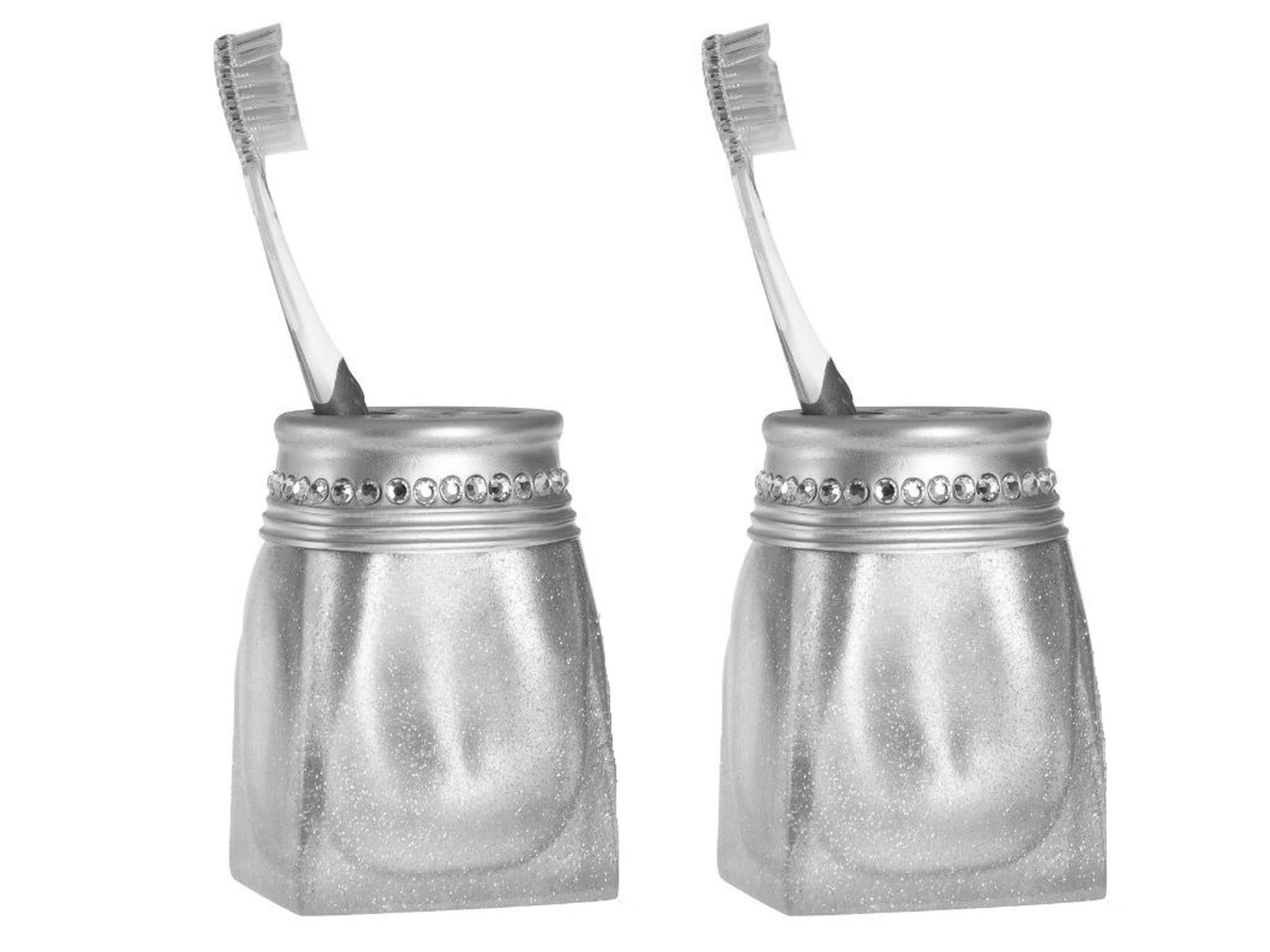 2 Adet Diş Fırçalık Kristal Taşlı Gümüş Poliresin 7X7X10Cm Banyo Seti  