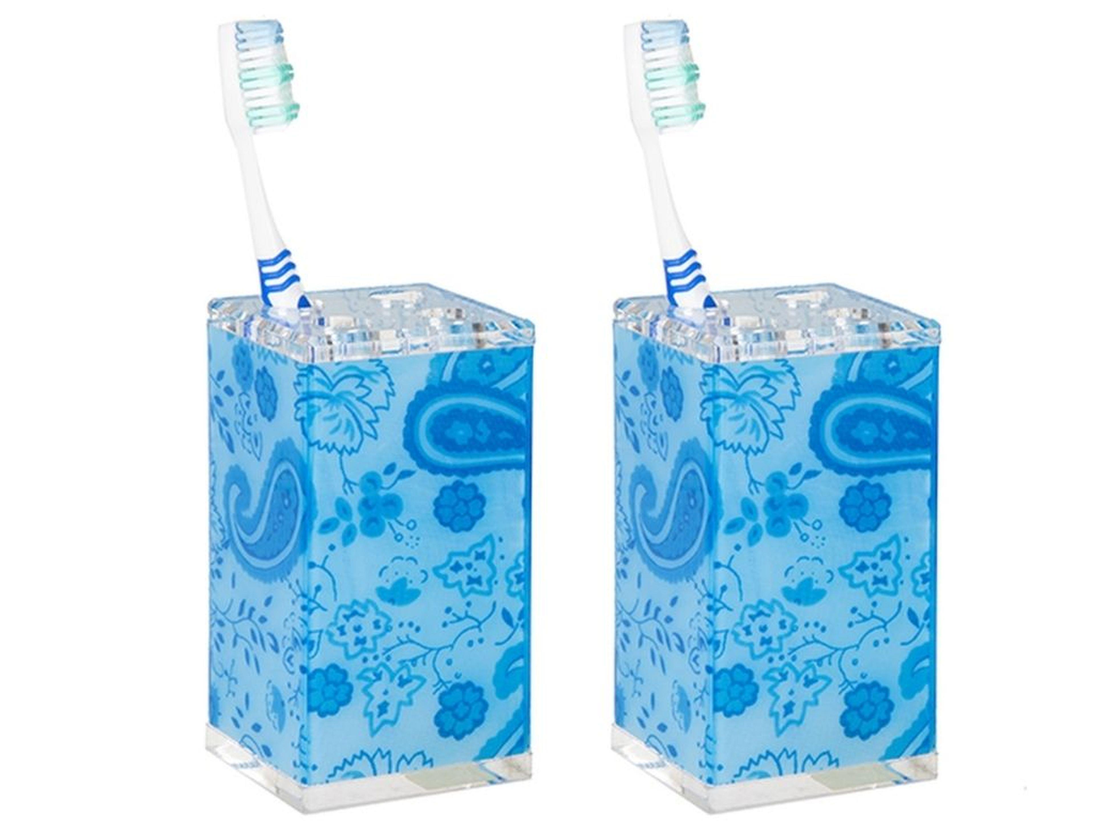 2 Adet Diş Fırçalık Mavi Çiçekli Akrilik 6X6X12Cm Banyo Seti  