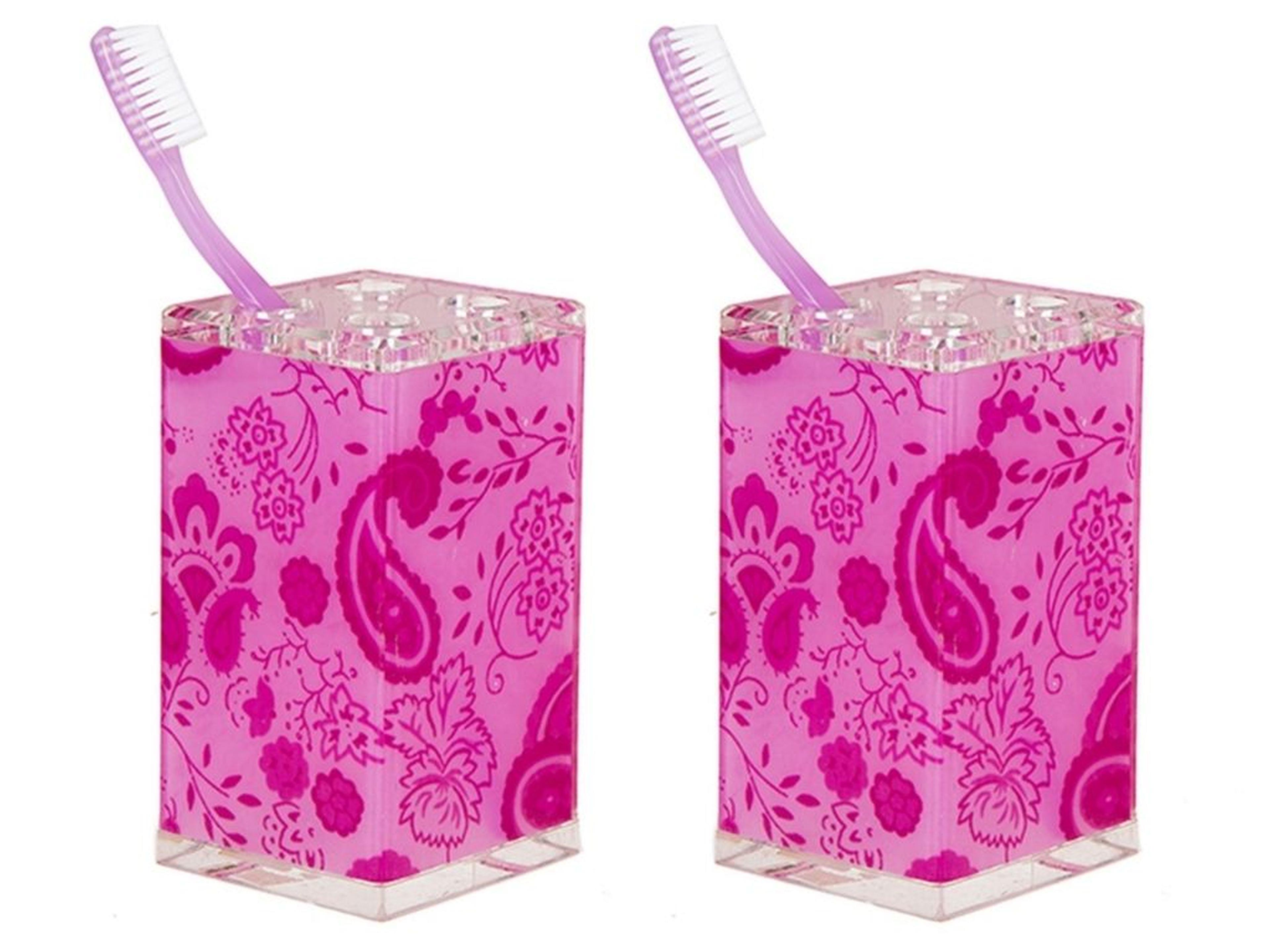 2 Adet Diş Fırçalık Pembe Çiçekli Akrilik 6X6X12Cm Banyo Seti  