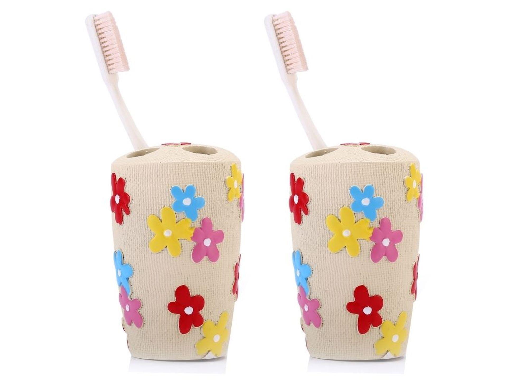 2 Adet Diş Fırçalık Renkli Papatyalı Poliresin 5X5X11Cm Banyo Seti  