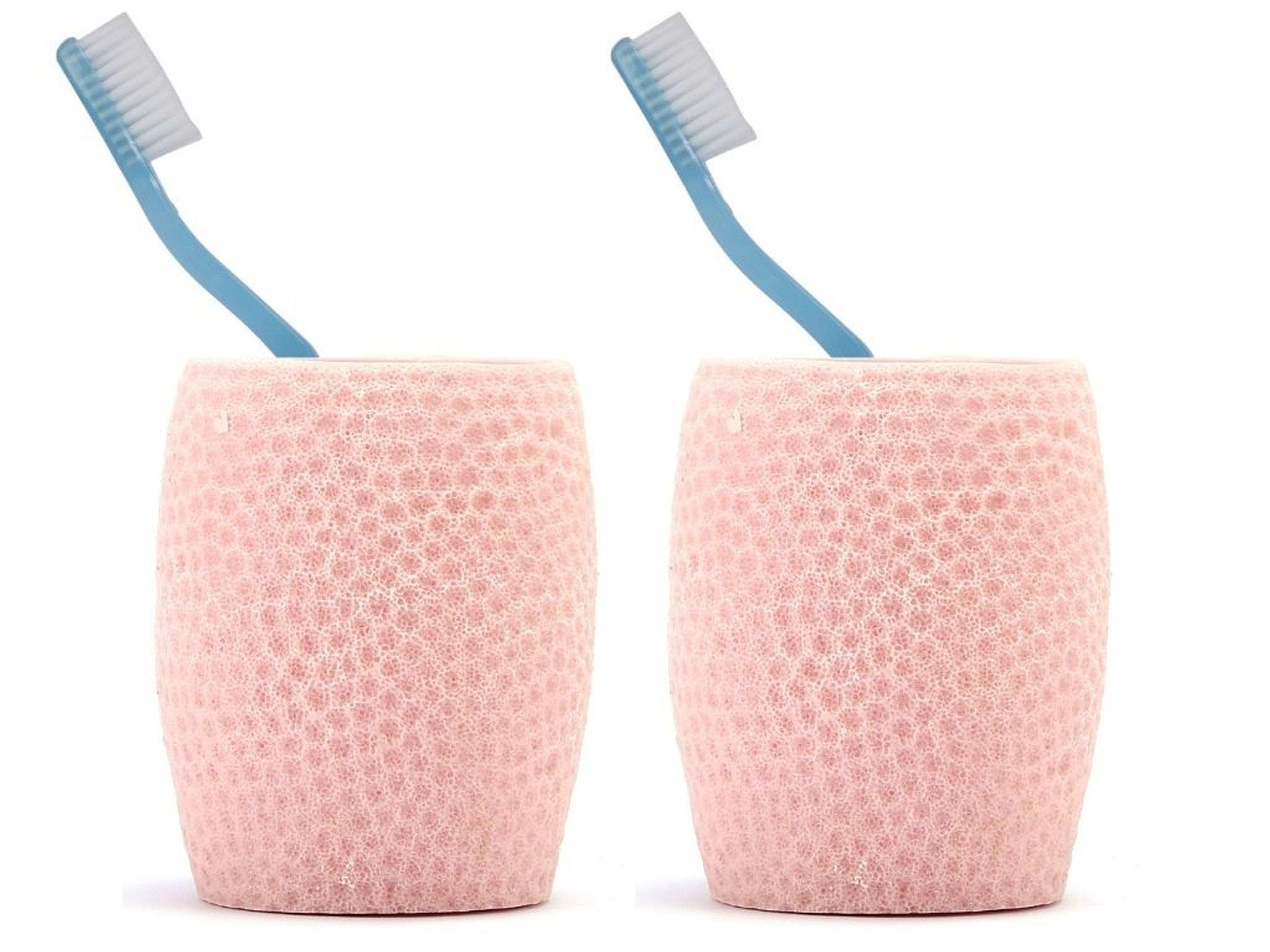 2 Adet Diş Fırçalık,Macunluk Pembe Petek Desenli Poliresin 8X8X10Cm 400Ml Banyo Seti  