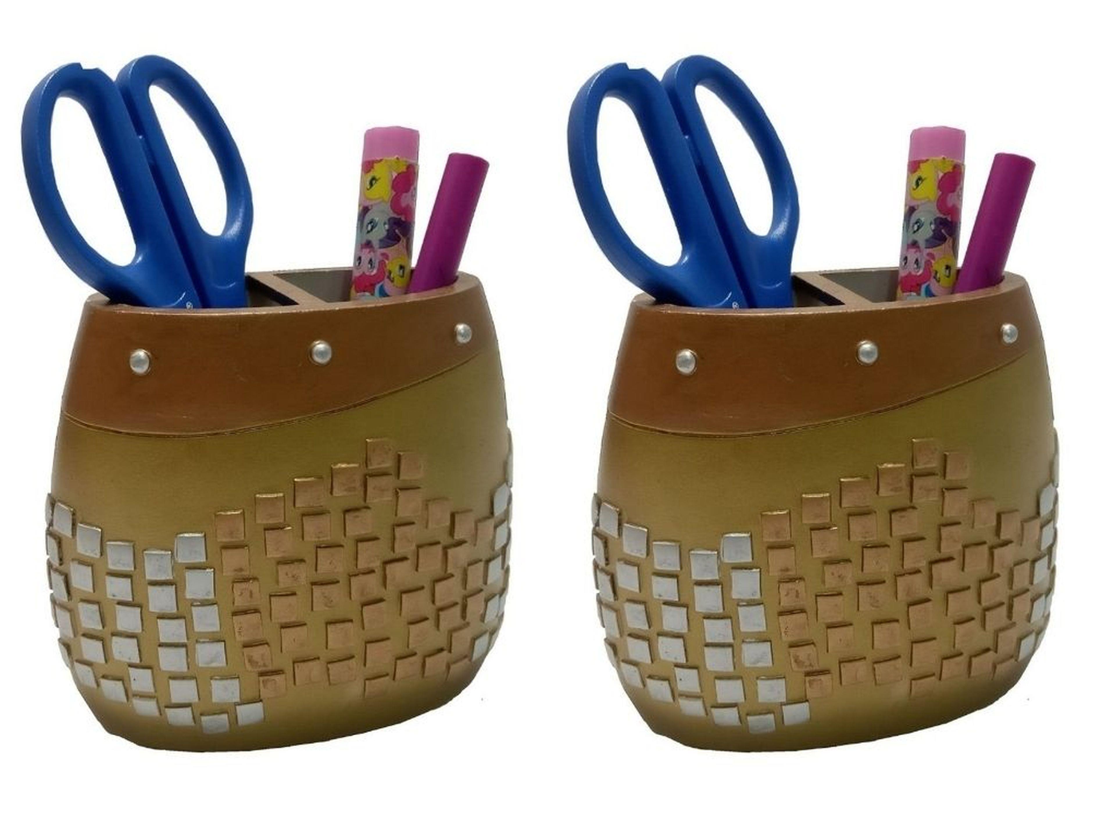 2 Adet Kalemlik Altın Mozaik Poliresin Ofis Gereci  10X10X5Cm