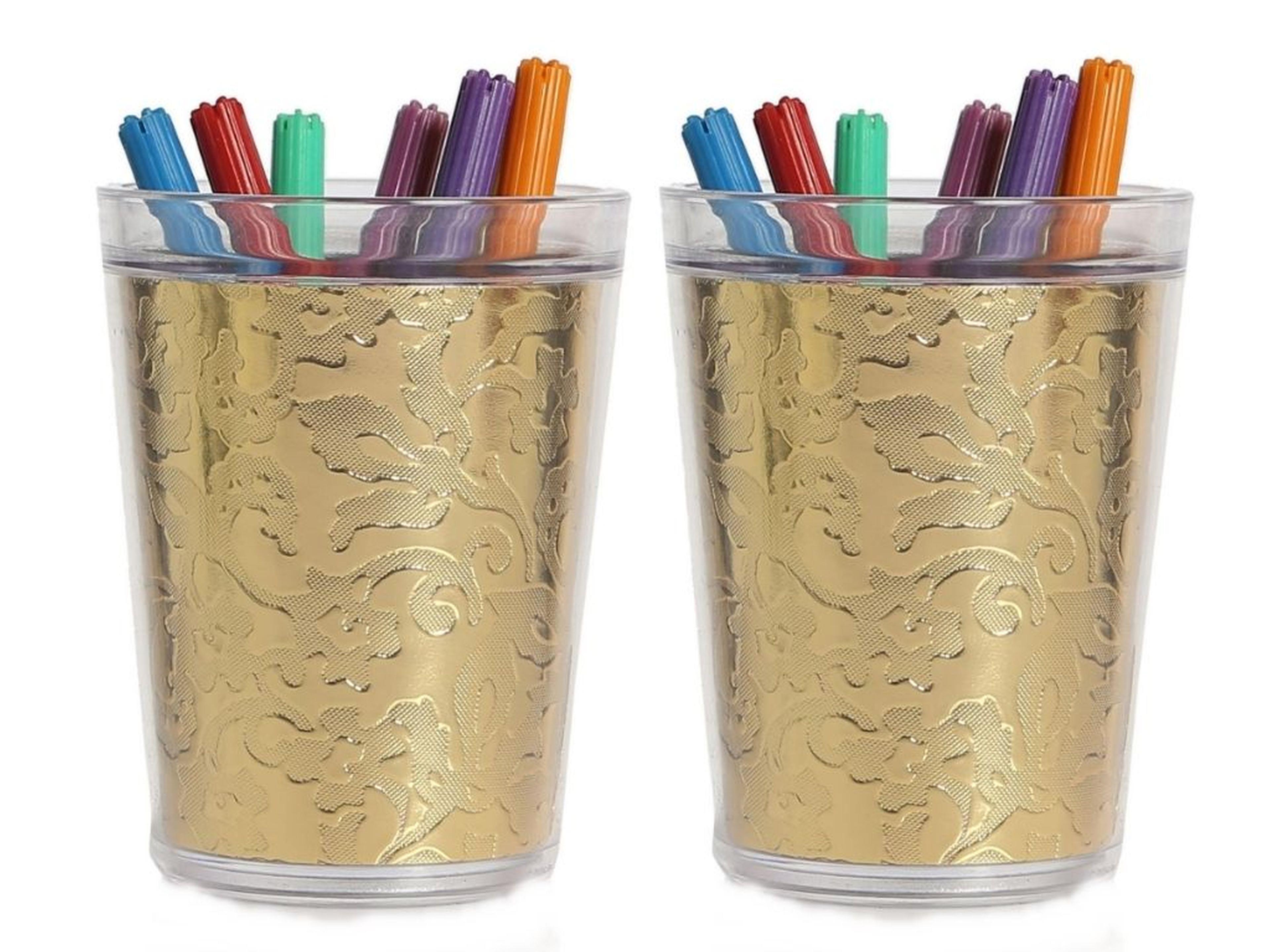 2 Adet Kalemlik Altın Yaprak Desenli Ofis Gereci 9X9X12Cm 370Ml