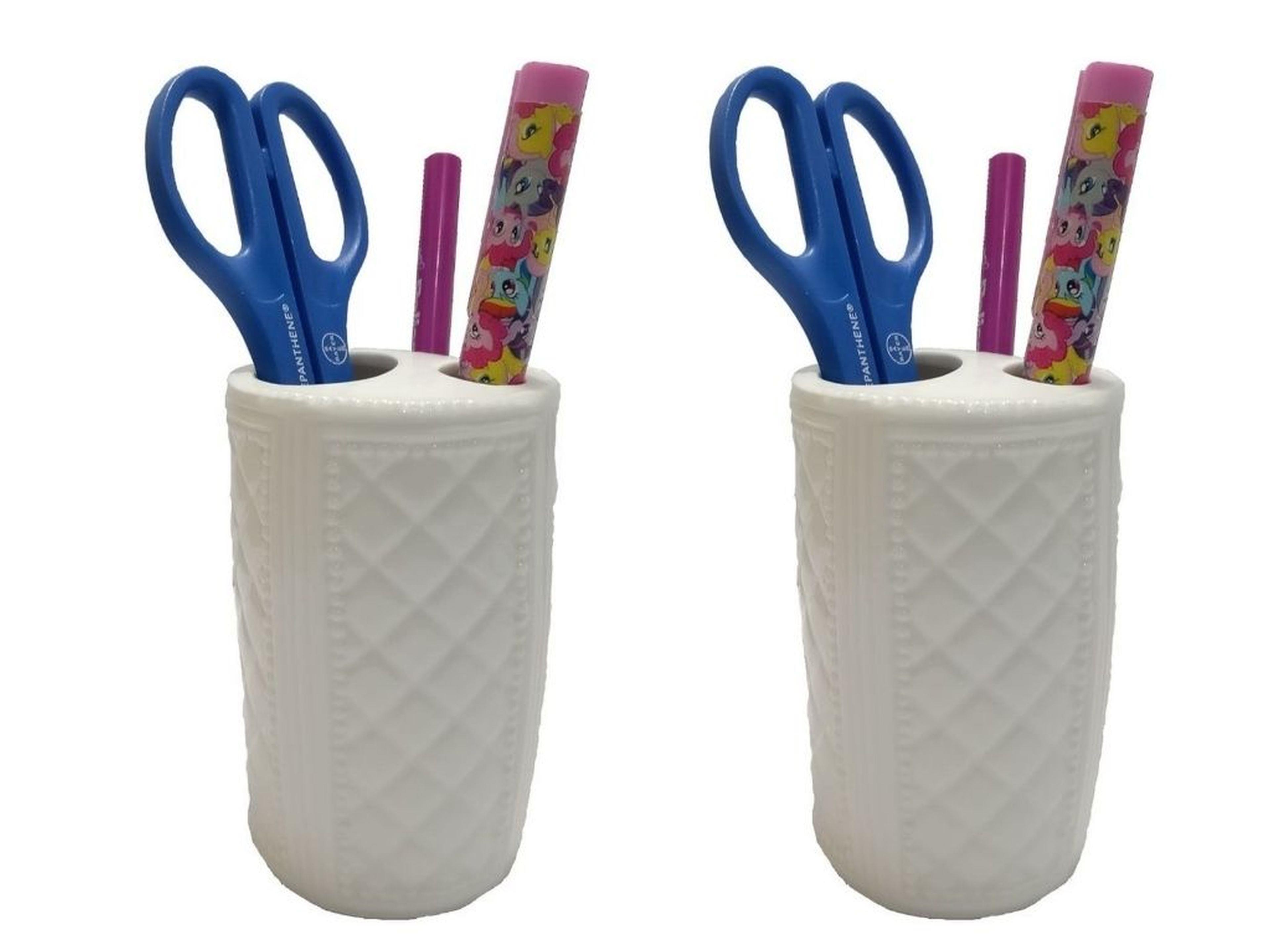 2 Adet Kalemlik Baklava Desenli Seramik Ofis Gereci  6X6X11Cm