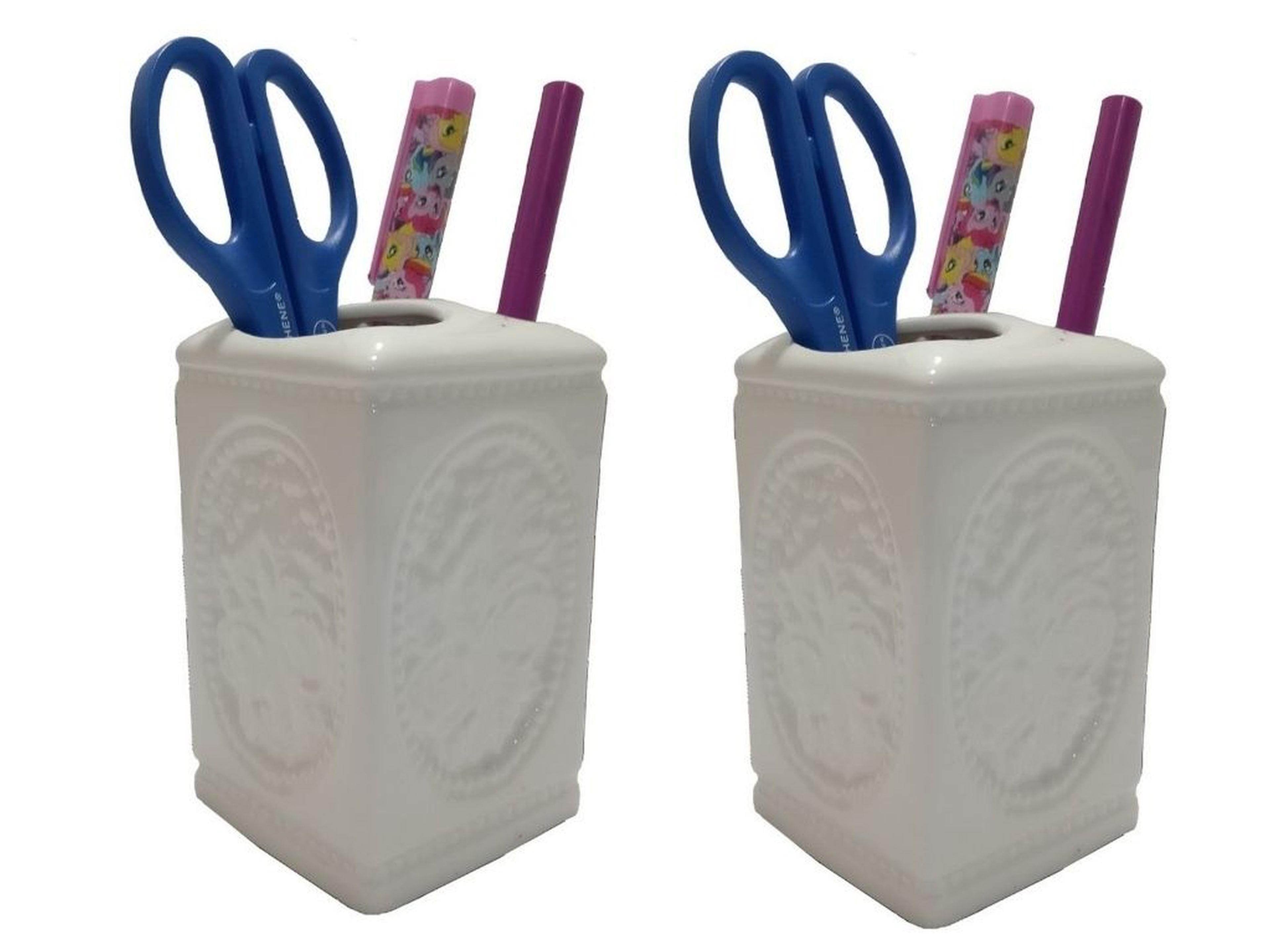 2 Adet Kalemlik Çiçekli Kare Model Seramik Ofis Gereci  8X8X11Cm