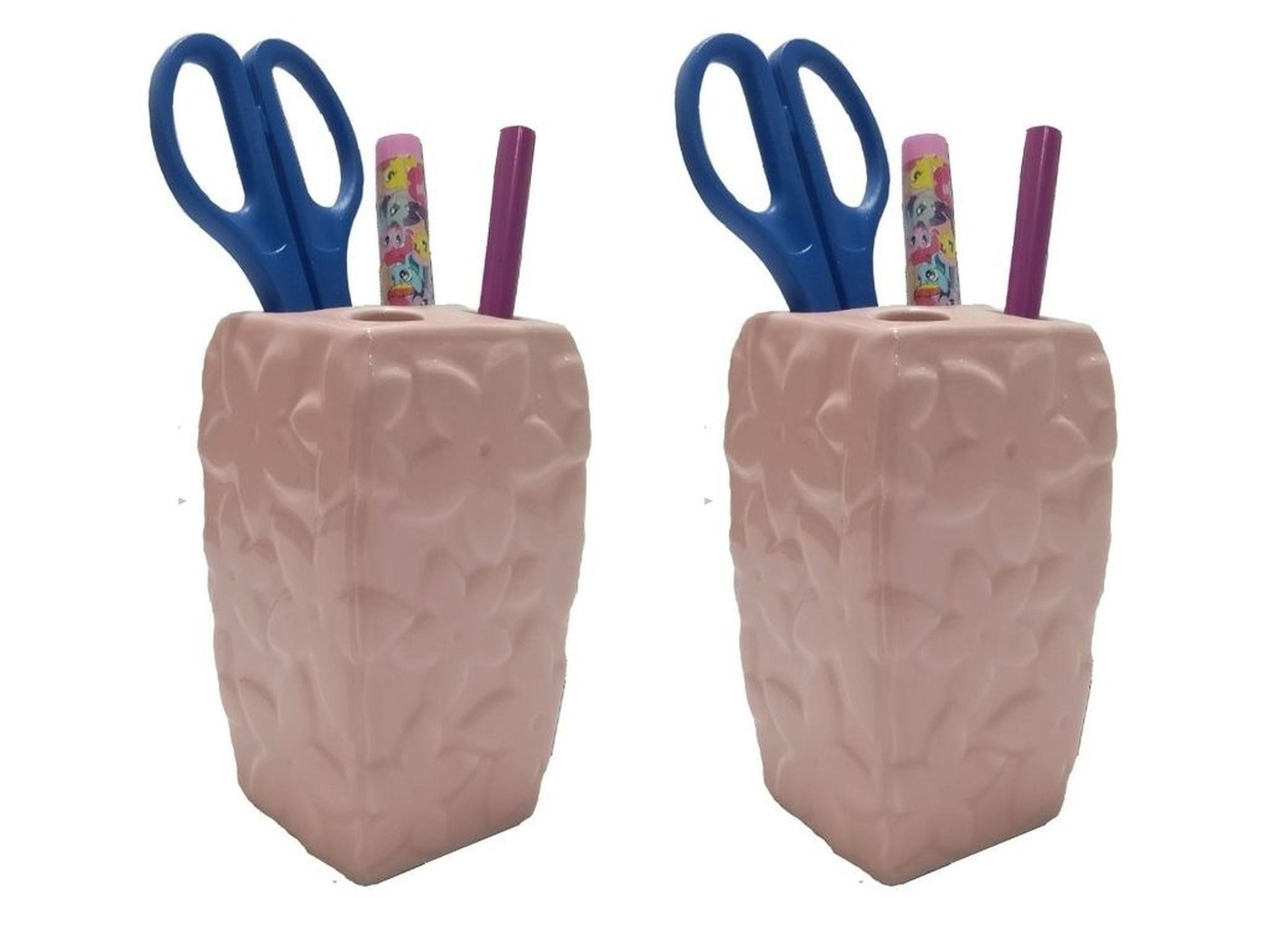 2 Adet Kalemlik Çiçekli Pembe Model Seramik Ofis Gereci  7X7X12Cm 